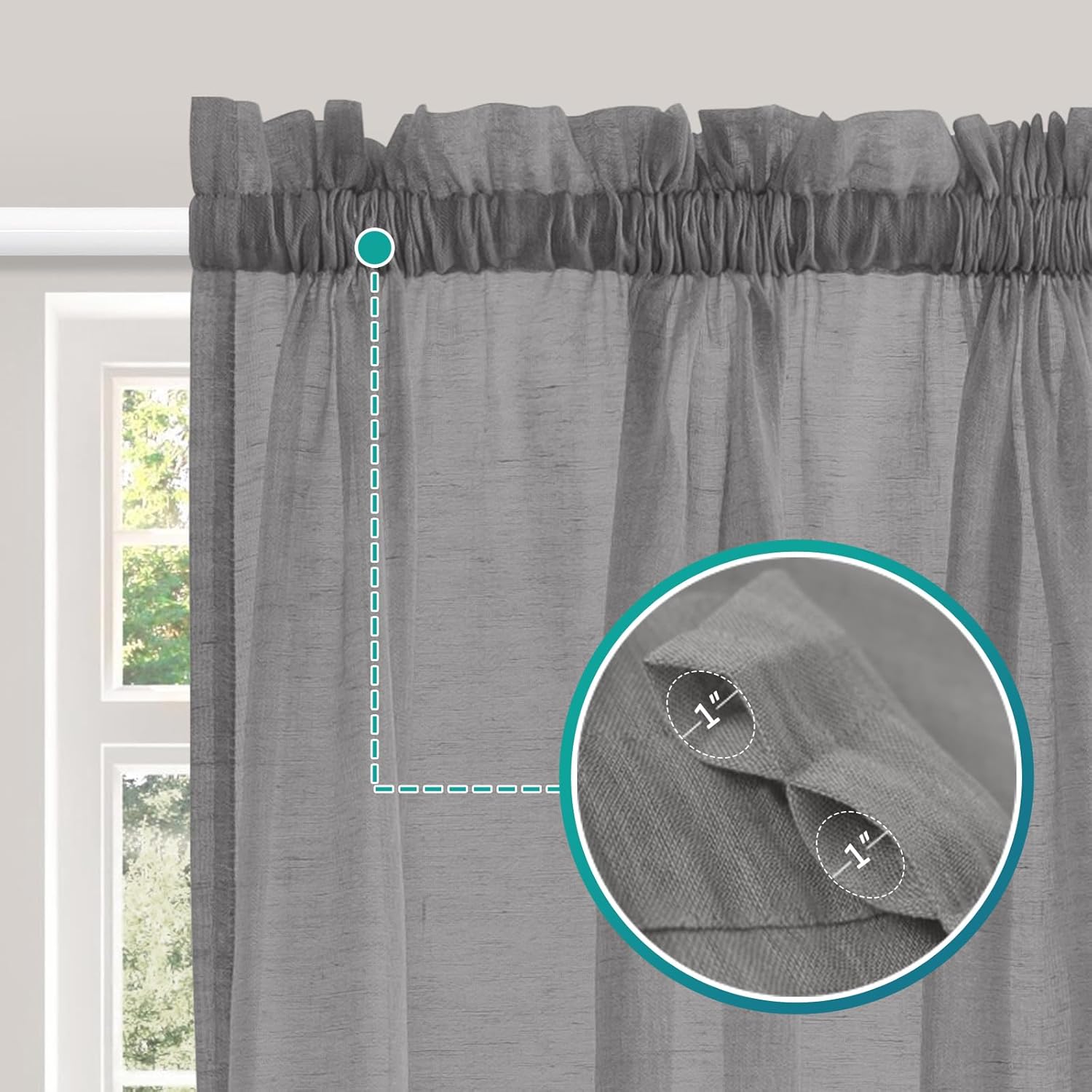 Turquoize Grey Linen French Door Curtains with Tie-Back
