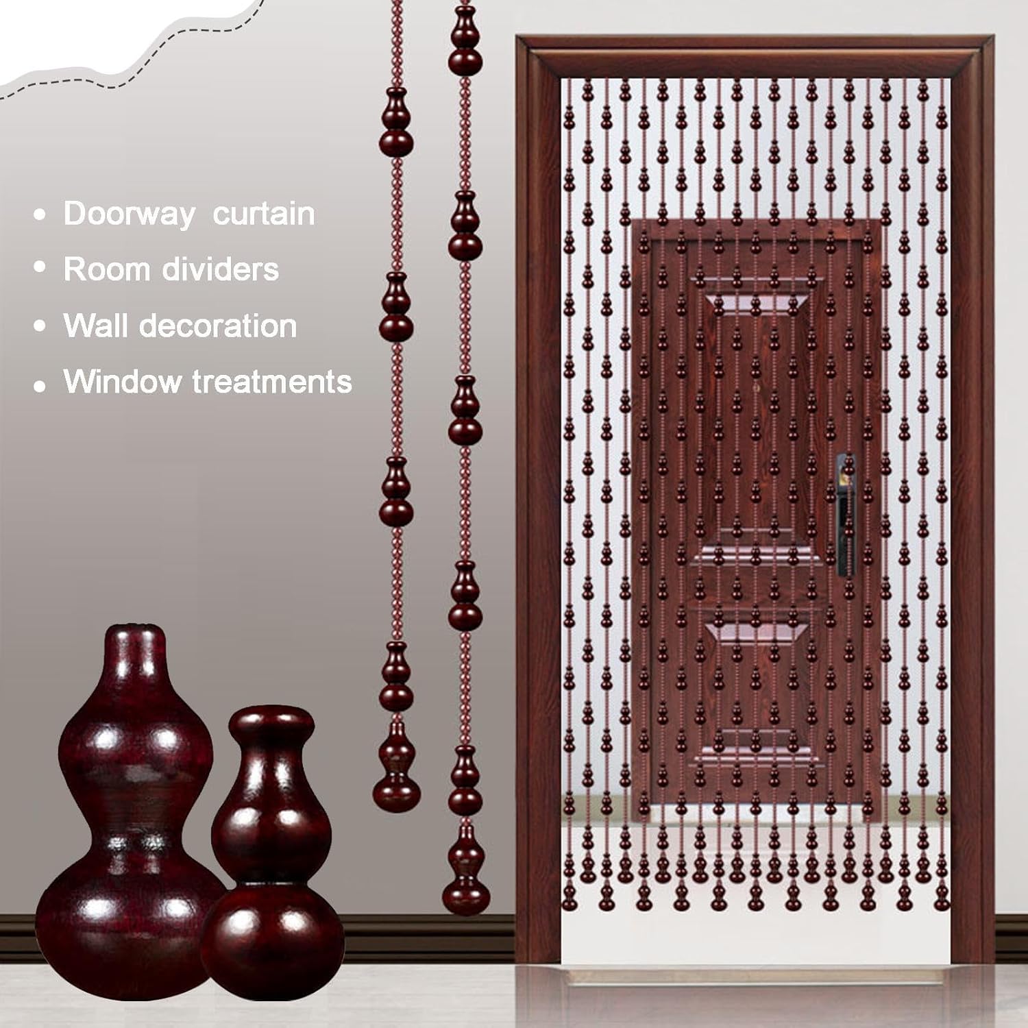 Wood Beaded Door Curtain with Gourd Shape Retro Style 44 Strands 145x155cm