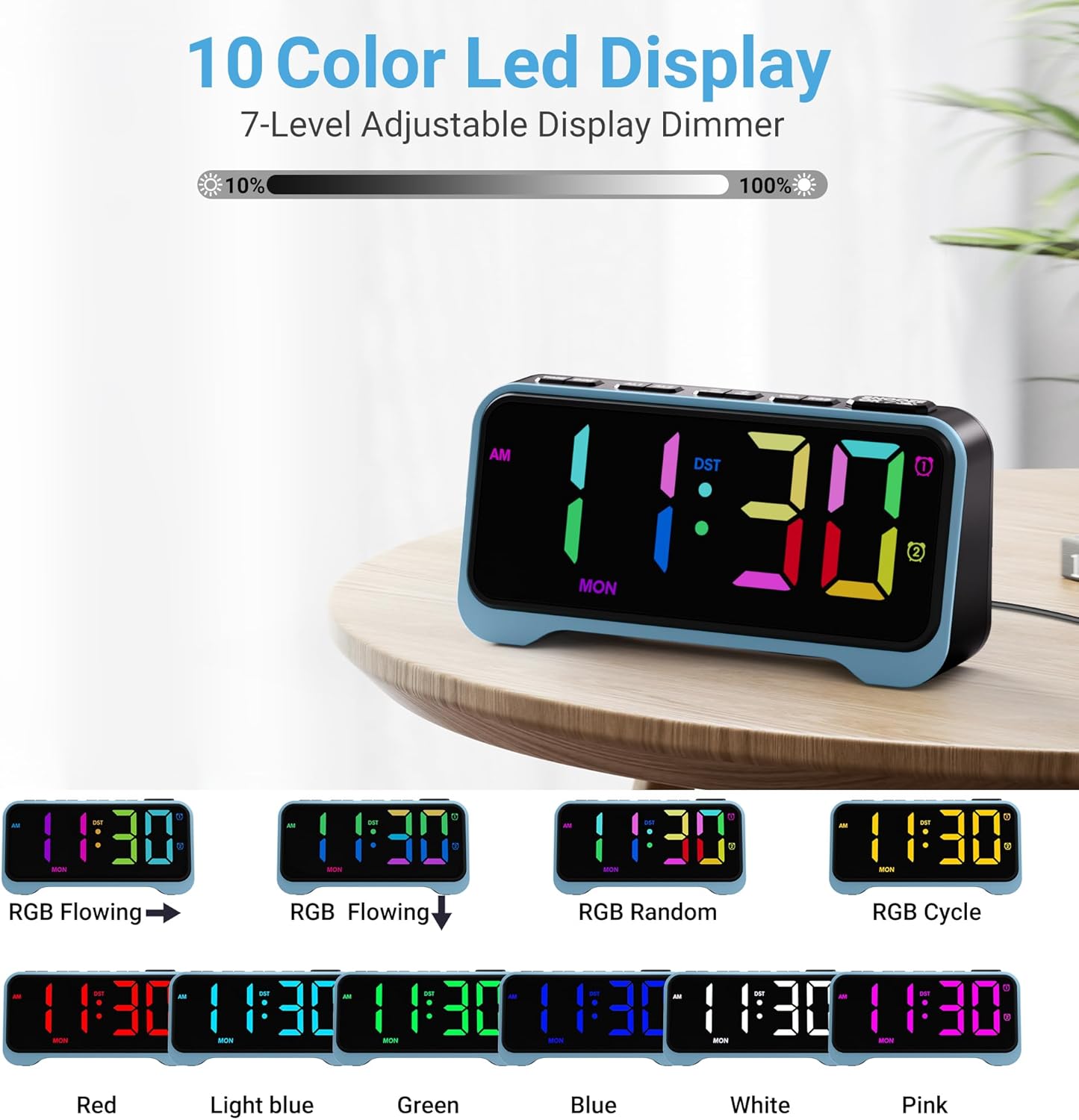 RGB Alarm Clock for Kids Teens Dual Alarm with Night Light and USB Charger
