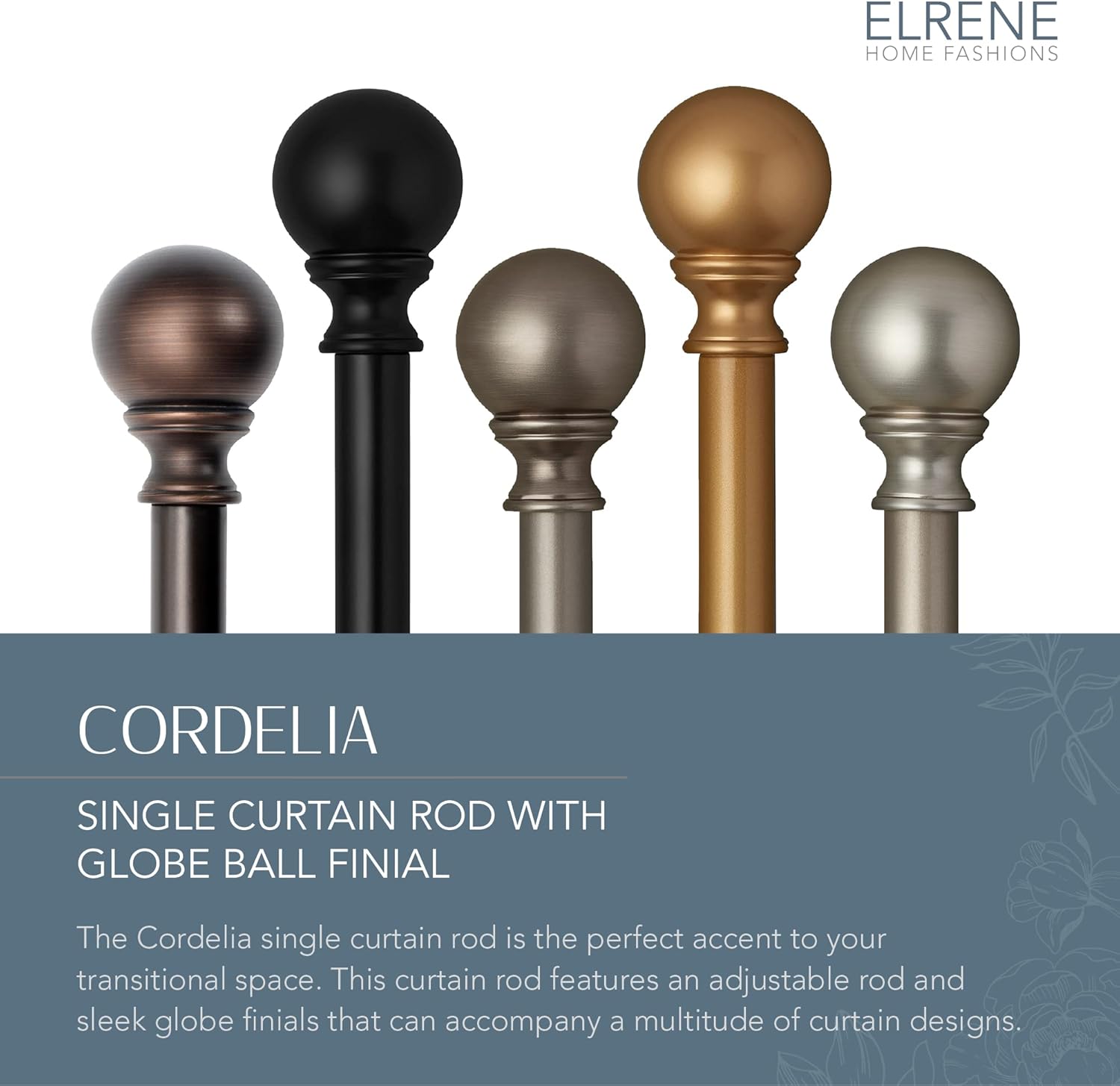 Elrene Cordelia Adjustable Single Curtain Rod with Globe Ball Finials 1 Inch Diameter Antique Pewter
