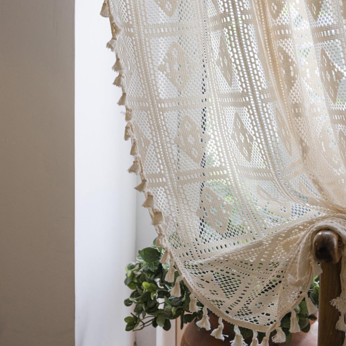 Bringsine Boho Cotton Curtains with Macrame Tassels 59x63 Inches Beige Panel