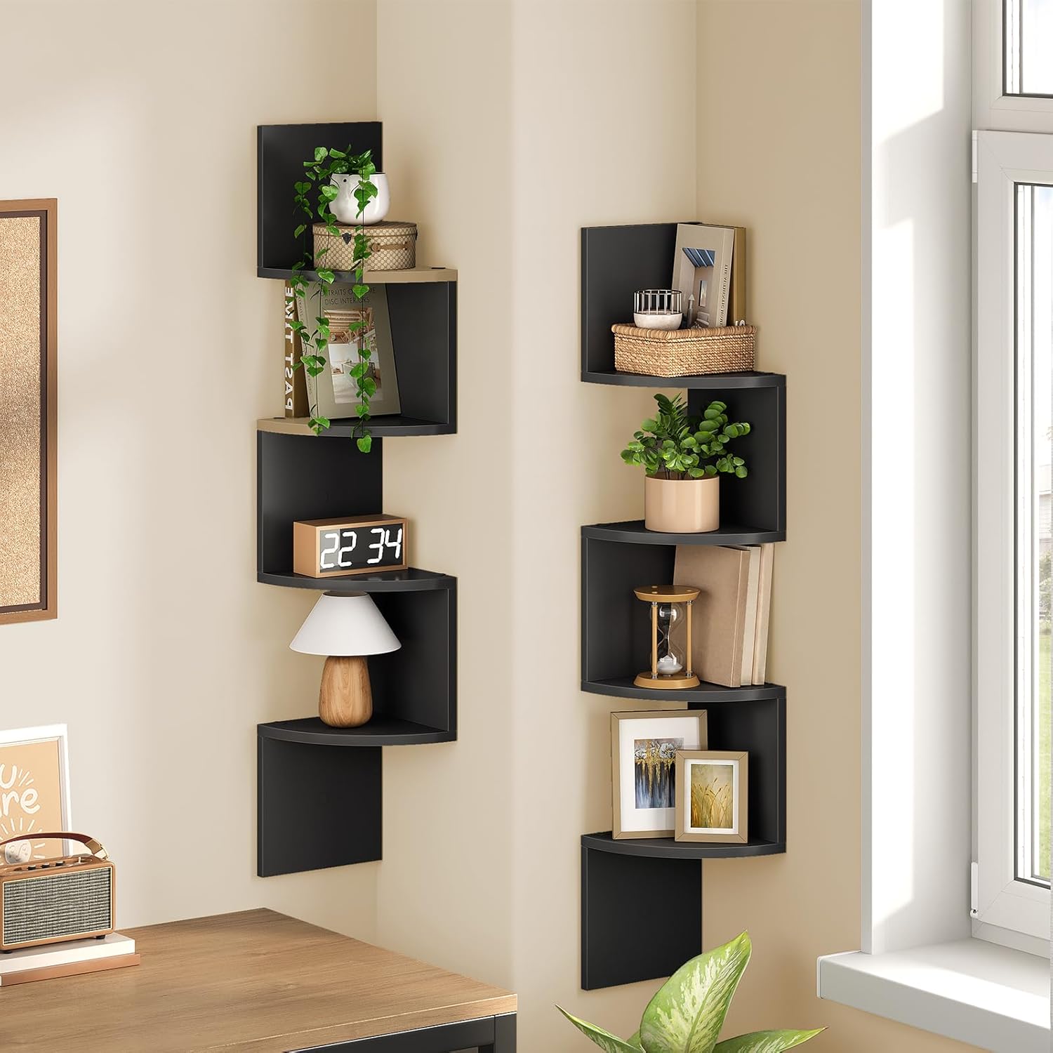 HOOBRO 4-Tier Floating Corner Shelves Set of 2 Black