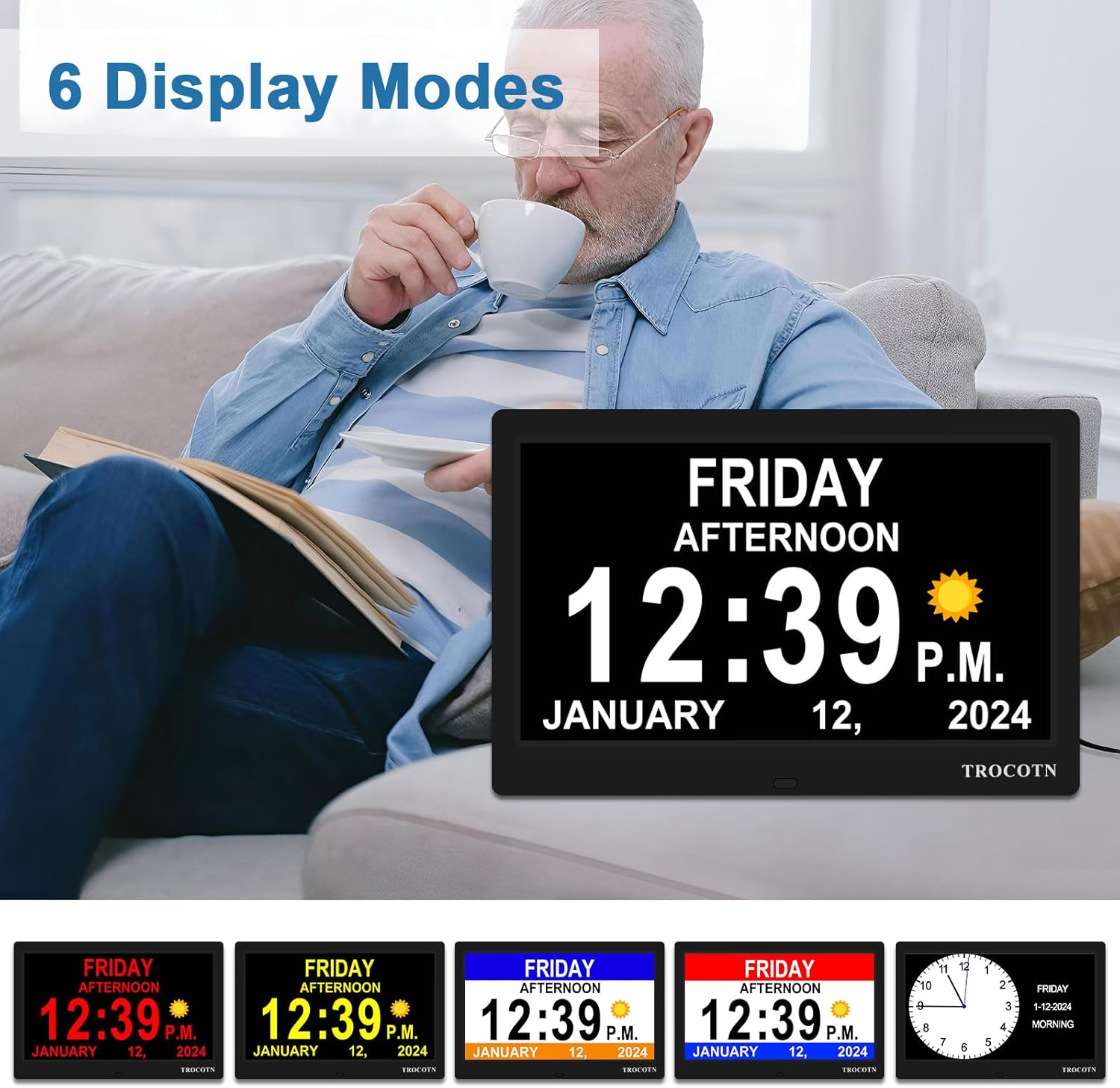 TROCOTN 10 Inch Digital Wall Clock with Day Date and Custom Alarms
