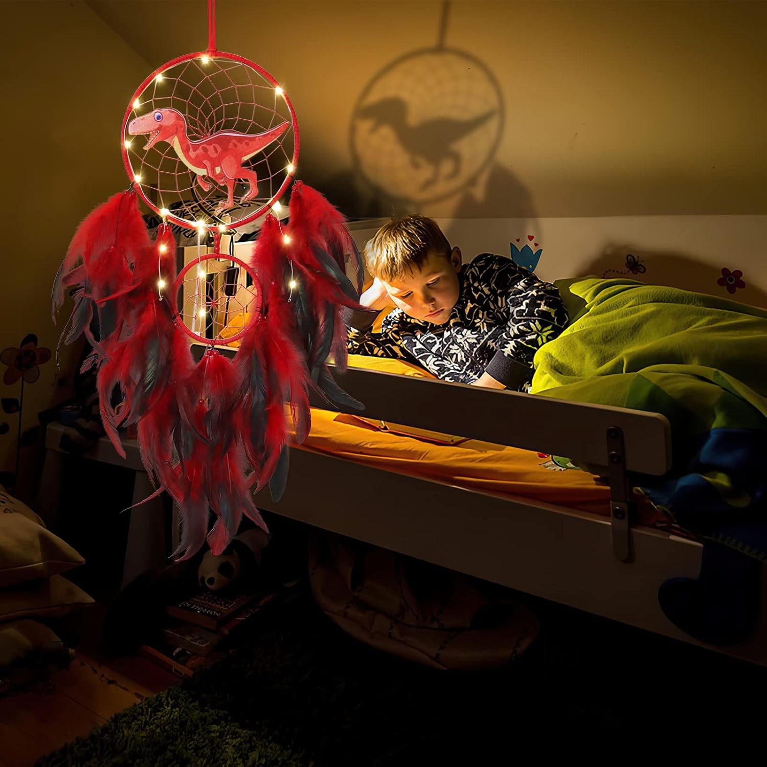 LOMOHOO Dinosaur Dream Catcher LED Light Handmade Decor for Kids Bedroom
