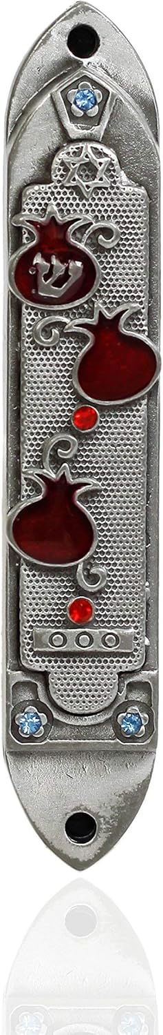 Holy Land Market Pewter Mezuzah with Red and Blue Enamel Stones