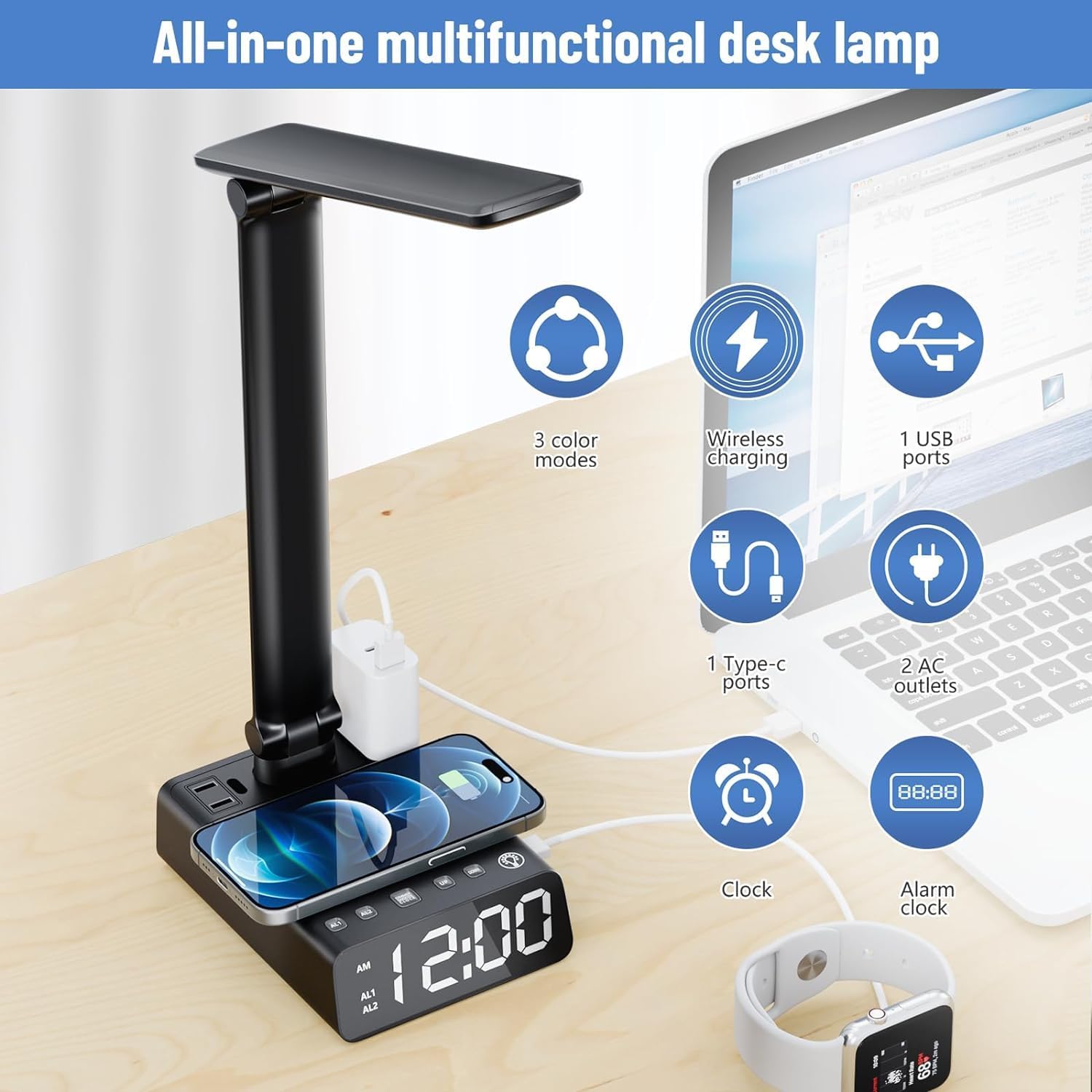 ELMWAY Alarm Clock with USB Charger and Outlets