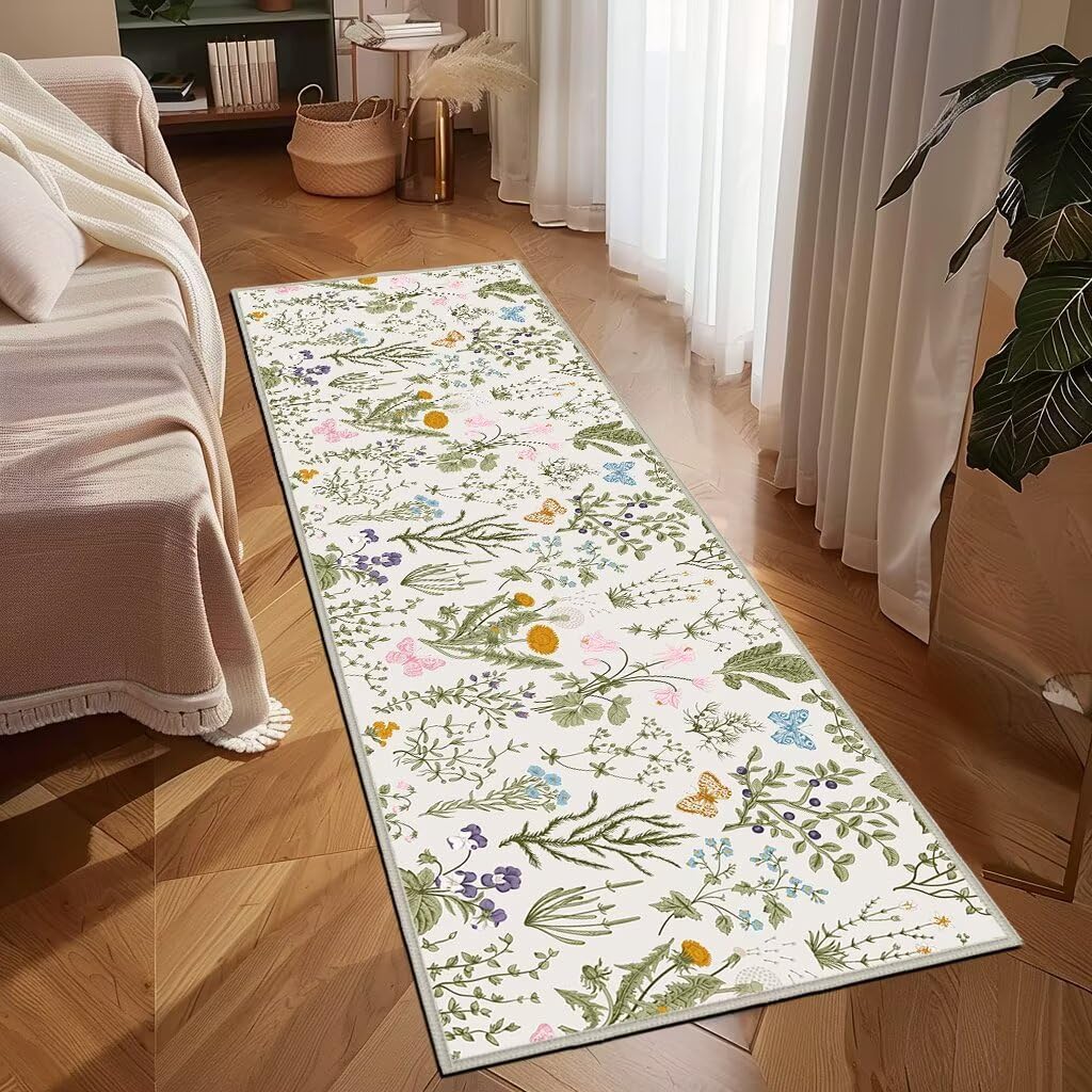 Floral Runner Rug 2x6 Feet Sage Green Non-Slip Indoor Door Mat