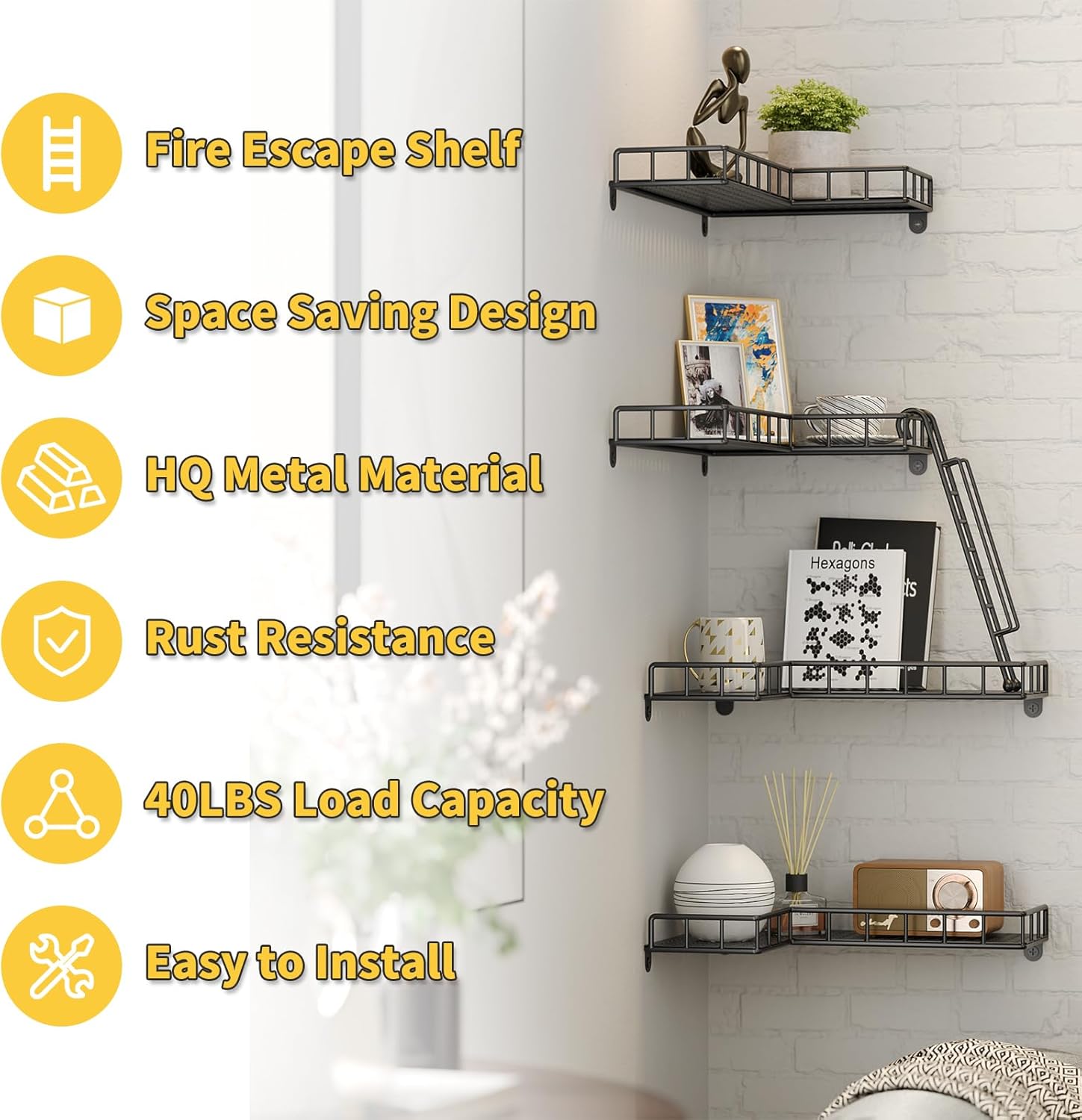 Fire Escape Wall Shelf 4 Tier Metal Corner Display