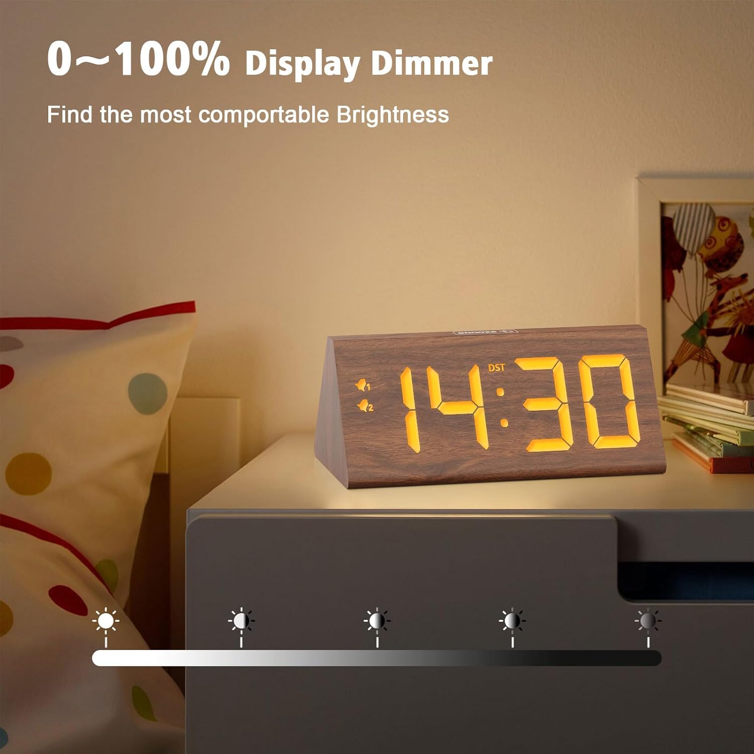 Wooden Digital Alarm Clock with Dual USB Ports and Dimmer