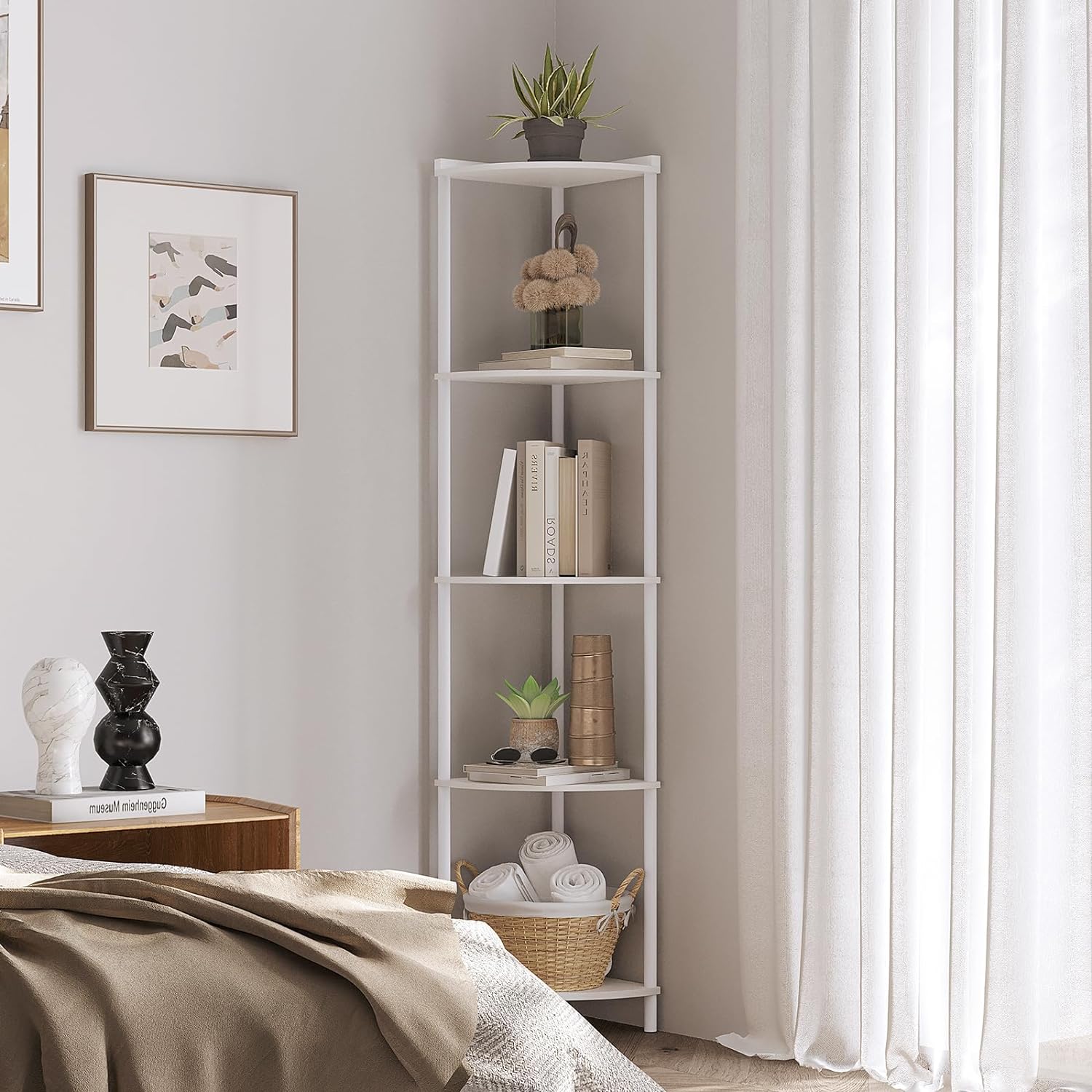 SUNMORY 5 Tier Corner Shelf Stand for Living Room Decor Wall Corner Bookshelf Storage White