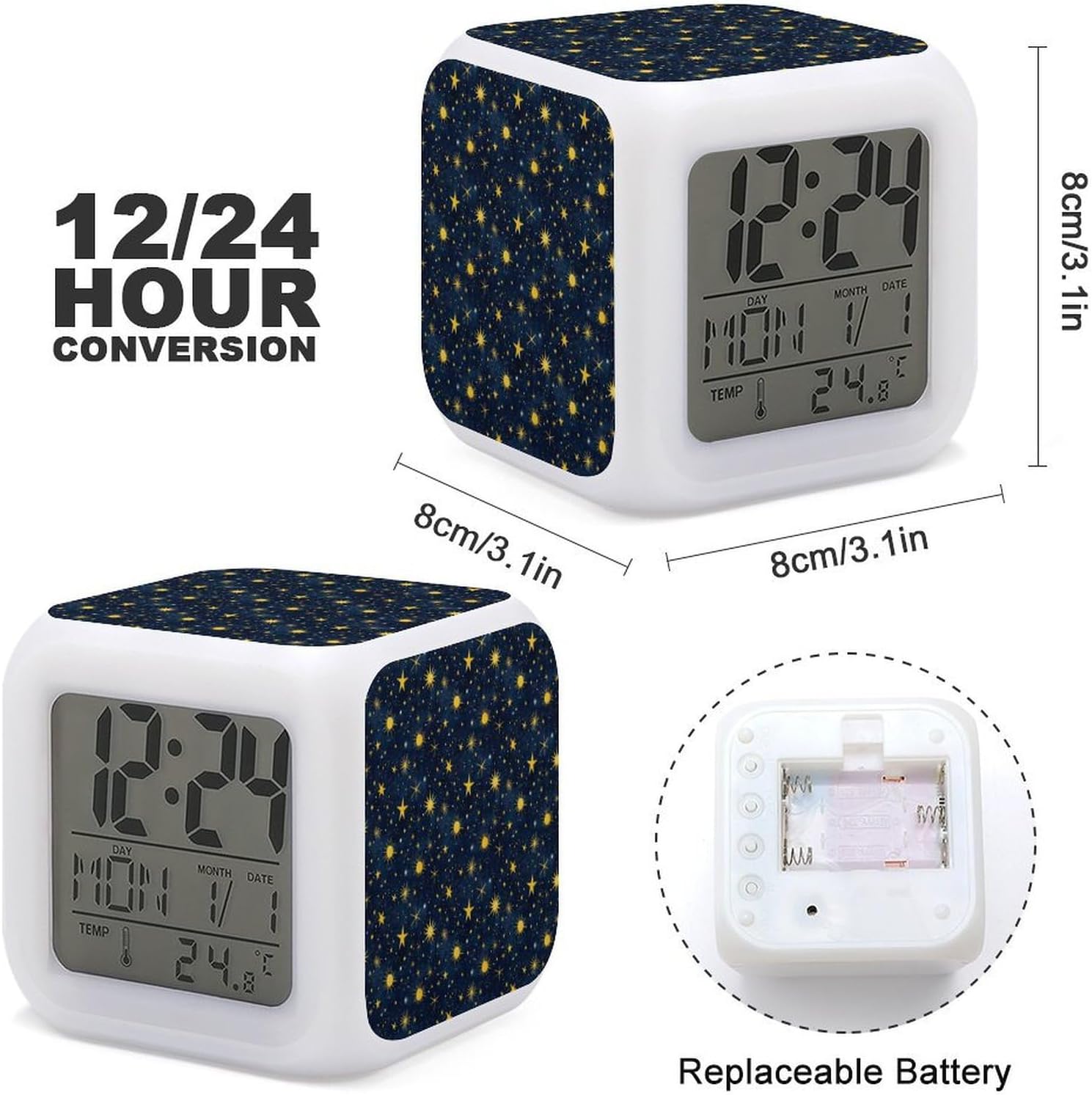 Yellow Star Sun Print Digital Alarm Clock with Night Light