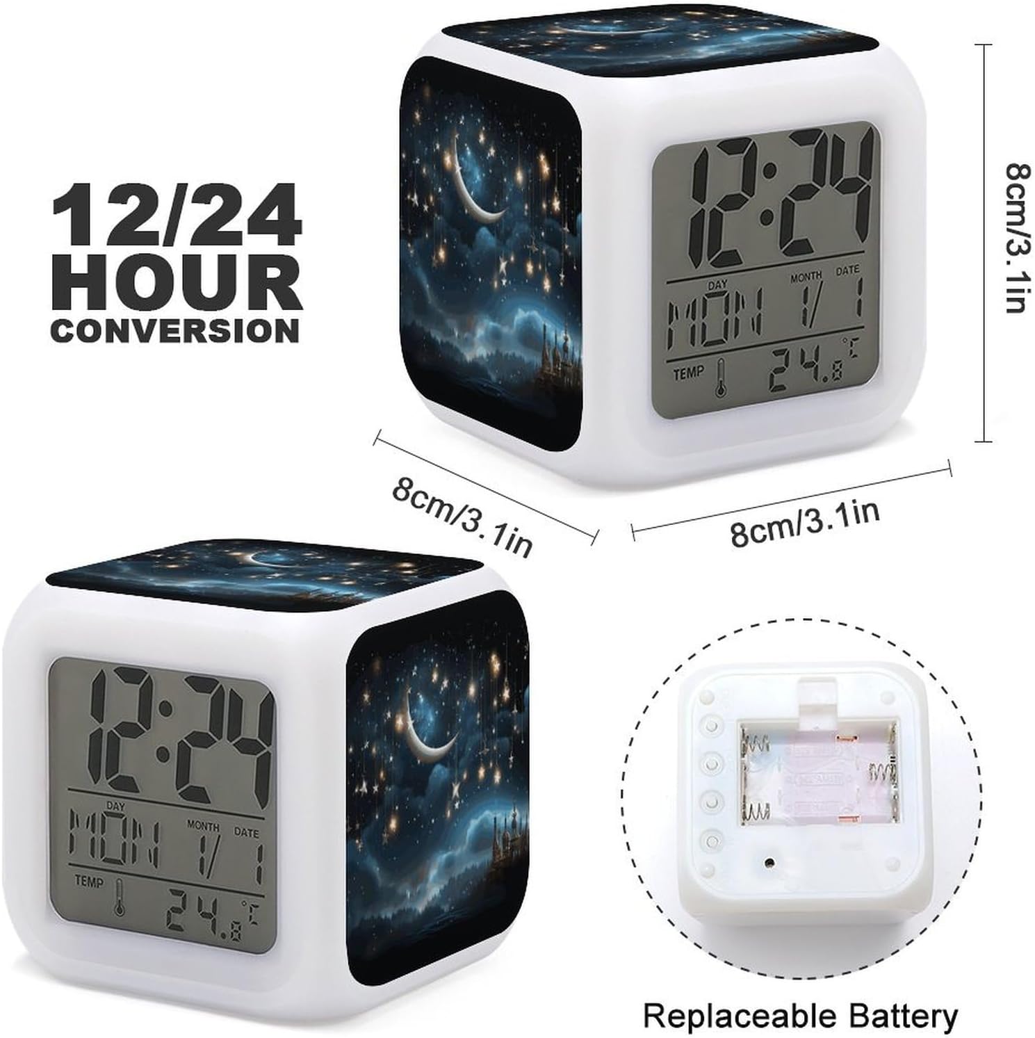 Nightsky Hanging Moon Stars Alarm Clock with Night Light