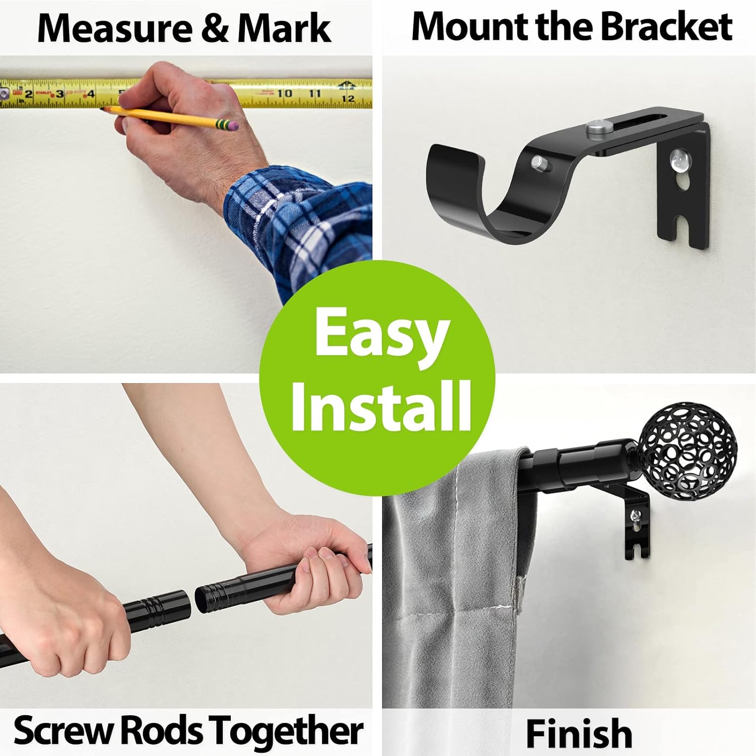 1 Inch Black Curtain Rods with Ball Cage Finials