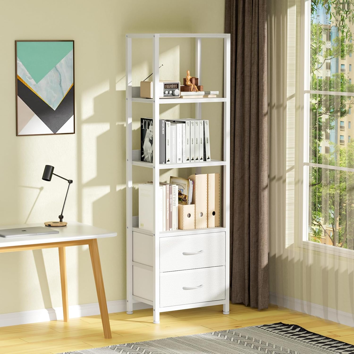 Furnulem 4-Tier Corner Bookshelf with Drawers