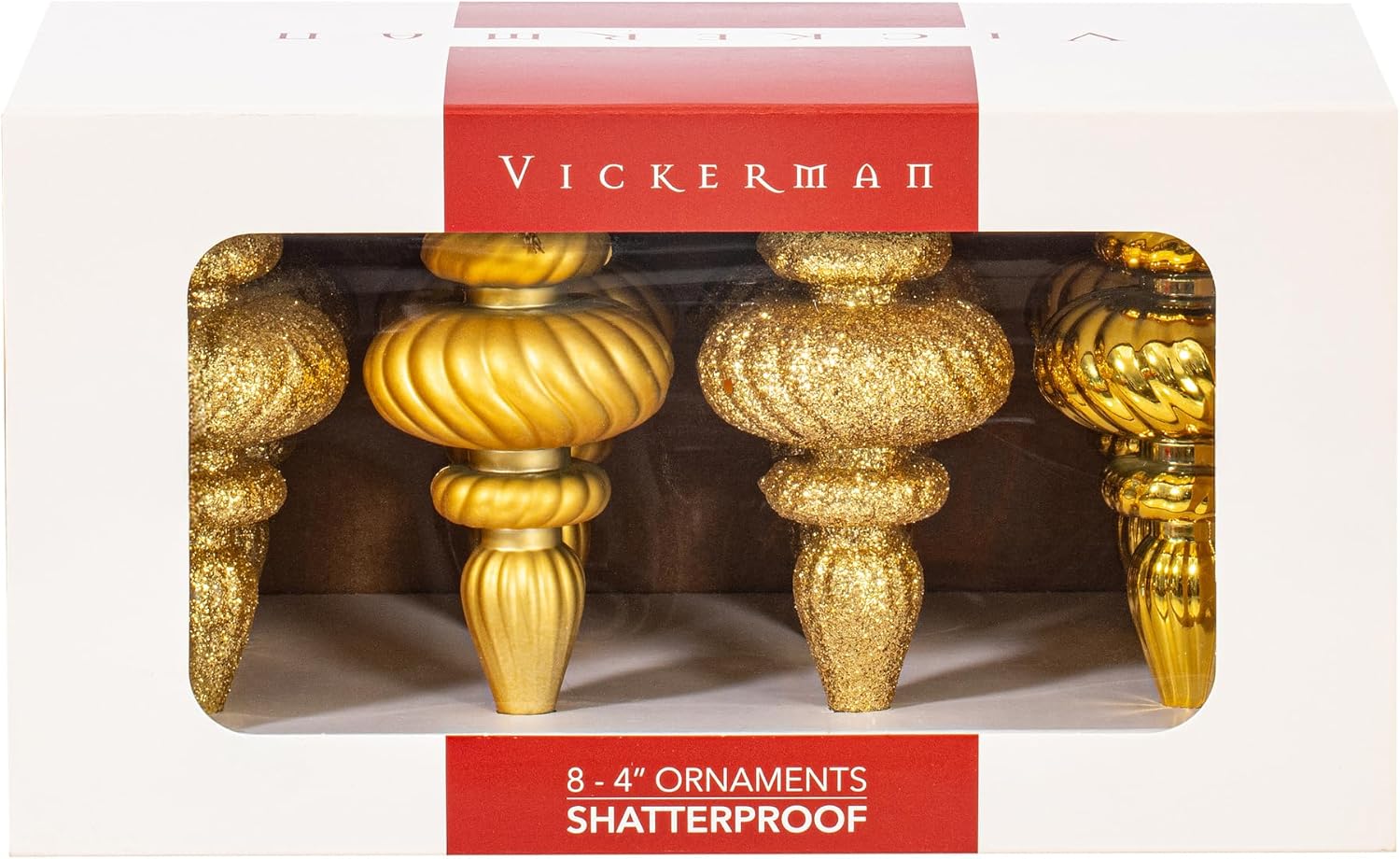 Vickerman 4 Inch Gold Finial Ornament Set 8 Pack