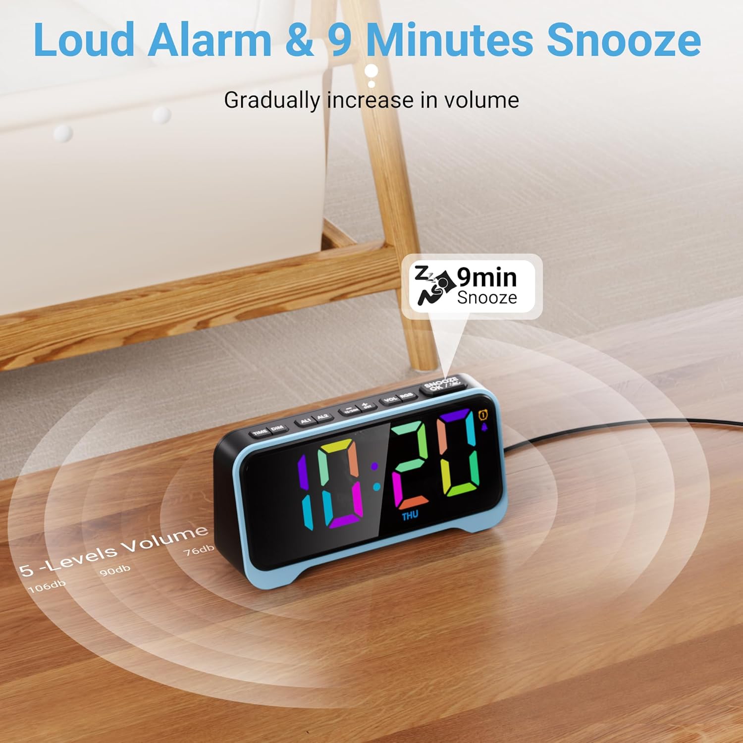 RGB Alarm Clock for Kids Teens Dual Alarm with Night Light and USB Charger