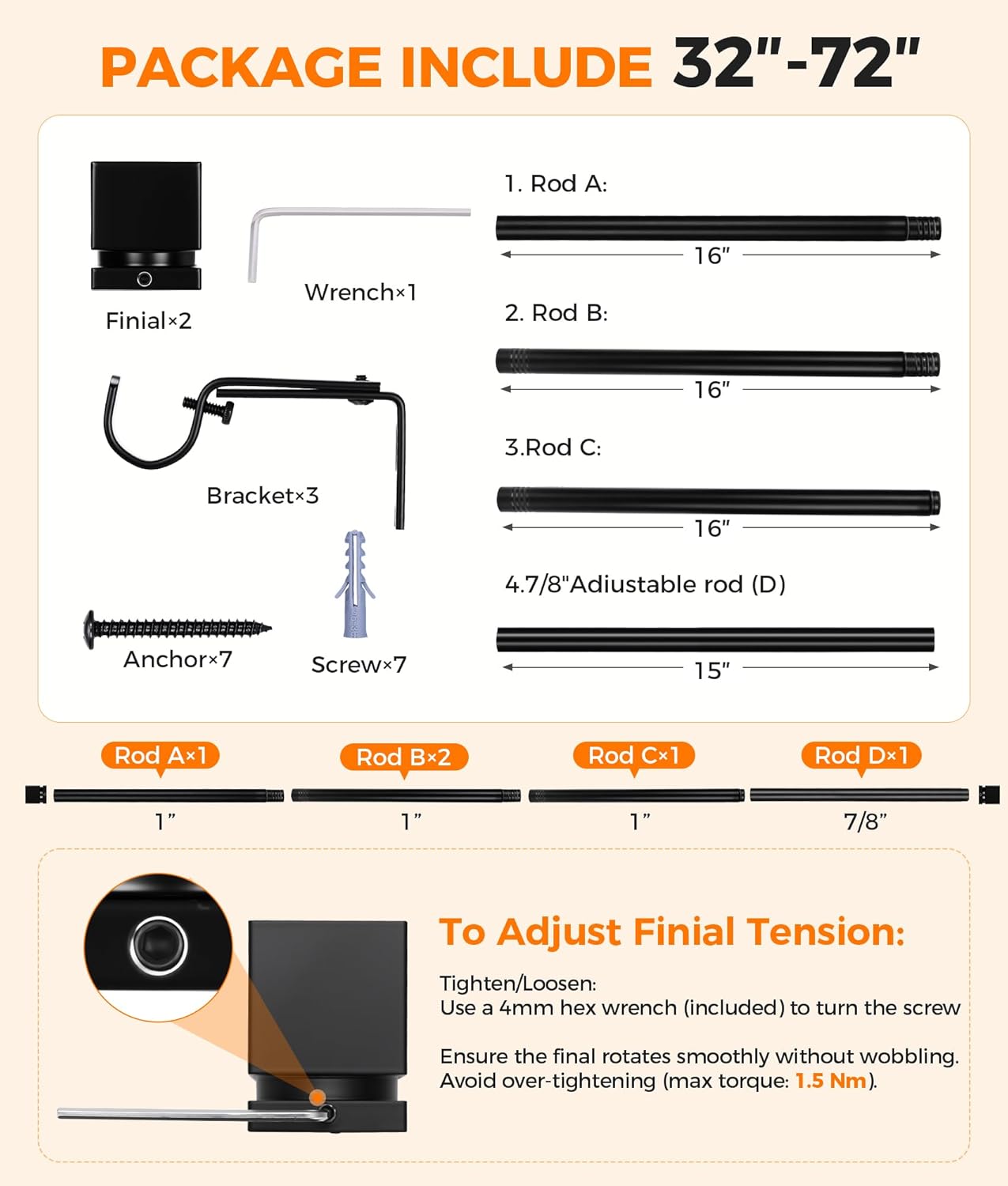 Adjustable Black Metal Curtain Rod 32-72 Inches