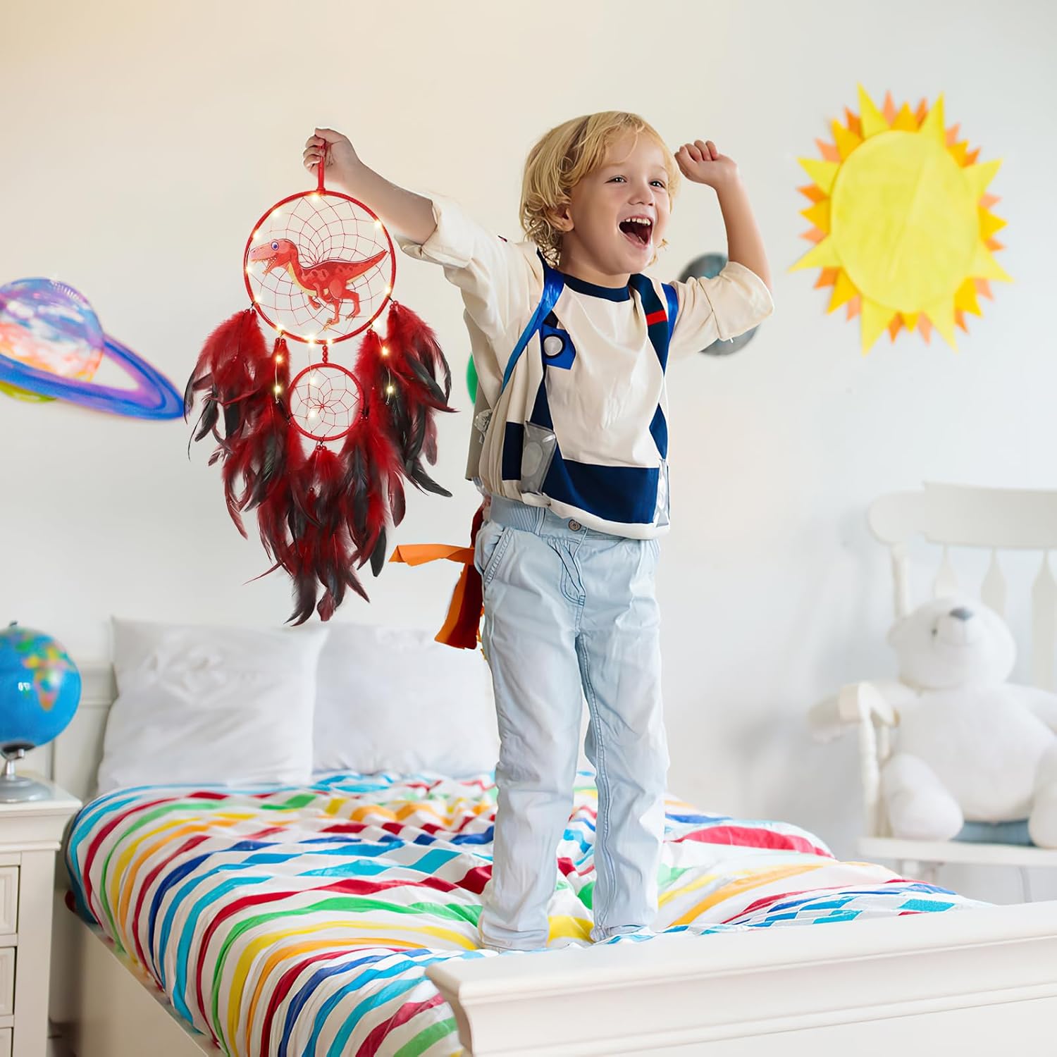 LOMOHOO Dinosaur Dream Catcher LED Light Handmade Decor for Kids Bedroom