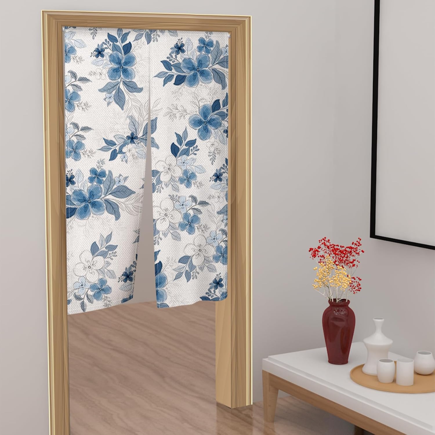 Blue Floral Noren Curtain for Home Decor