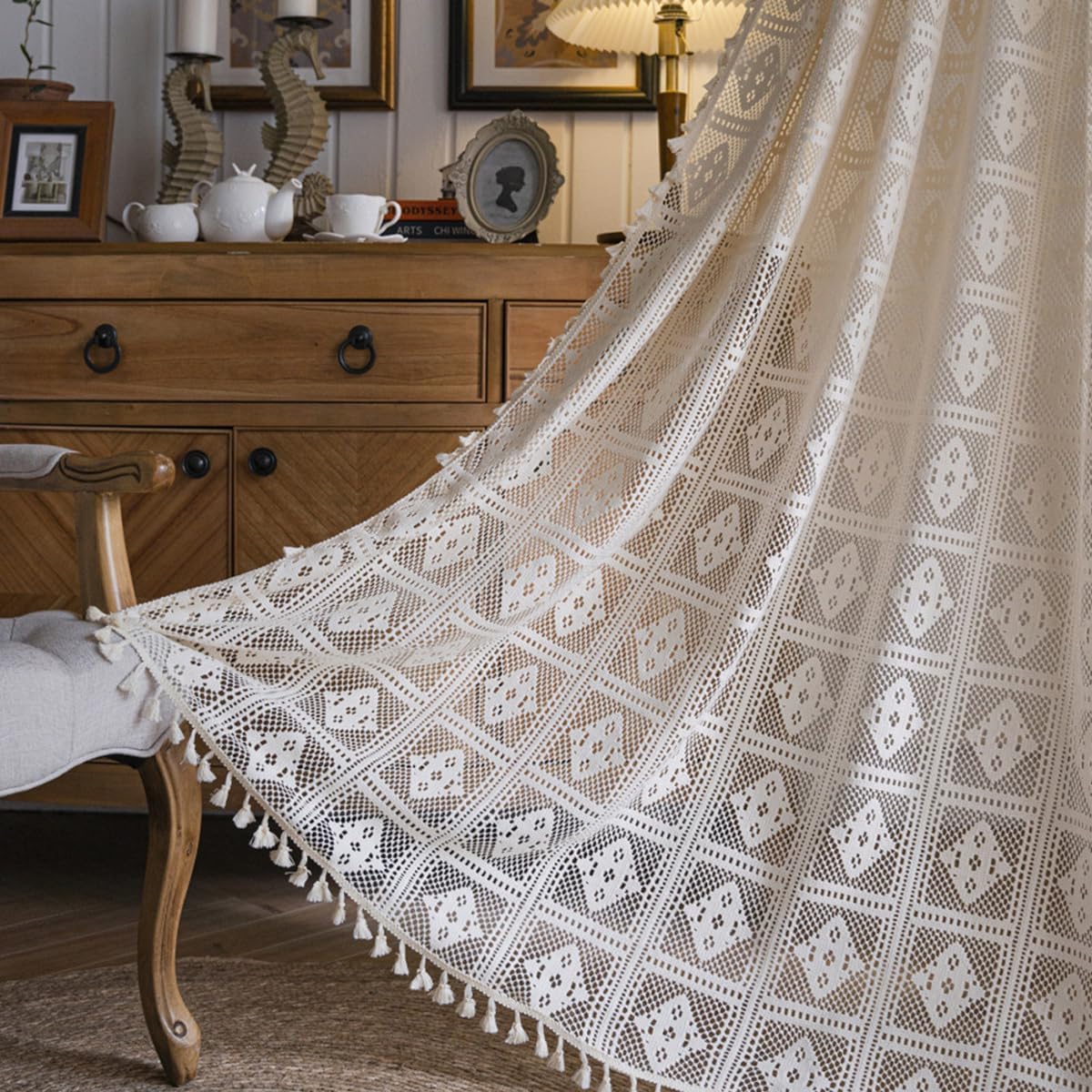 Bringsine Boho Cotton Curtains with Macrame Tassels 59x63 Inches Beige Panel