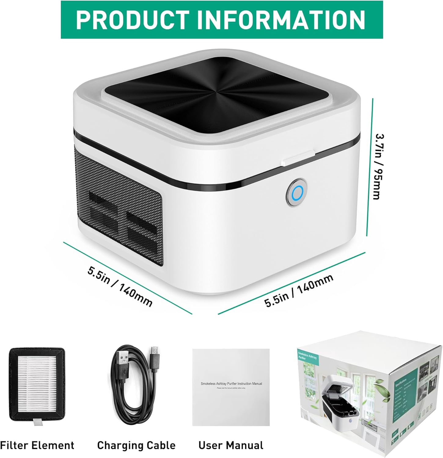 VANSU 2 in 1 Air Purifier Smokeless Ashtray with HEPA Filter USB Rechargeable