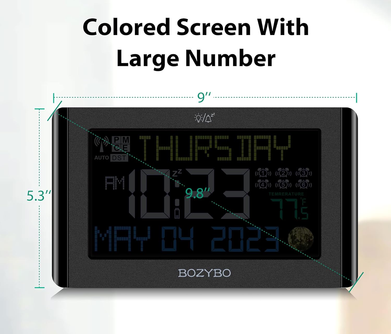 BOZYBO Digital Clock with 6 Alarms and Temperature