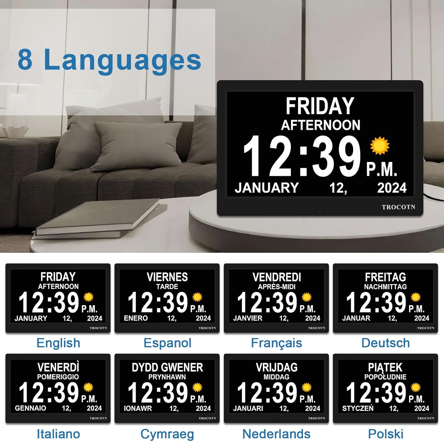 TROCOTN 10 Inch Digital Wall Clock with Day Date and Custom Alarms