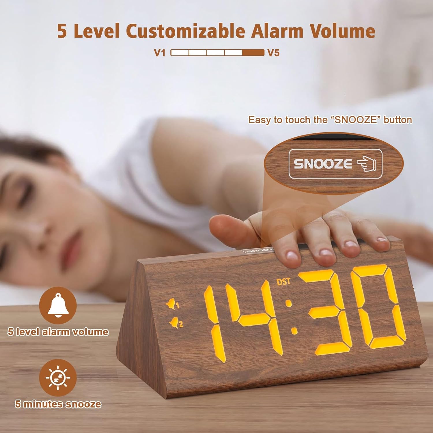 Wooden Digital Alarm Clock with Dual USB Ports and Dimmer