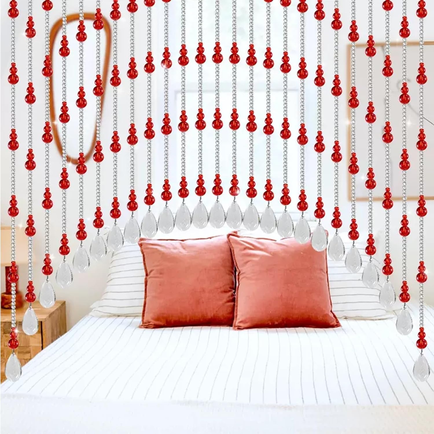 EMYJAY Door Beaded Curtain with Crystal Glass Beads 45 Inch Arched Curtain for Entryways and Windows Rojo Color