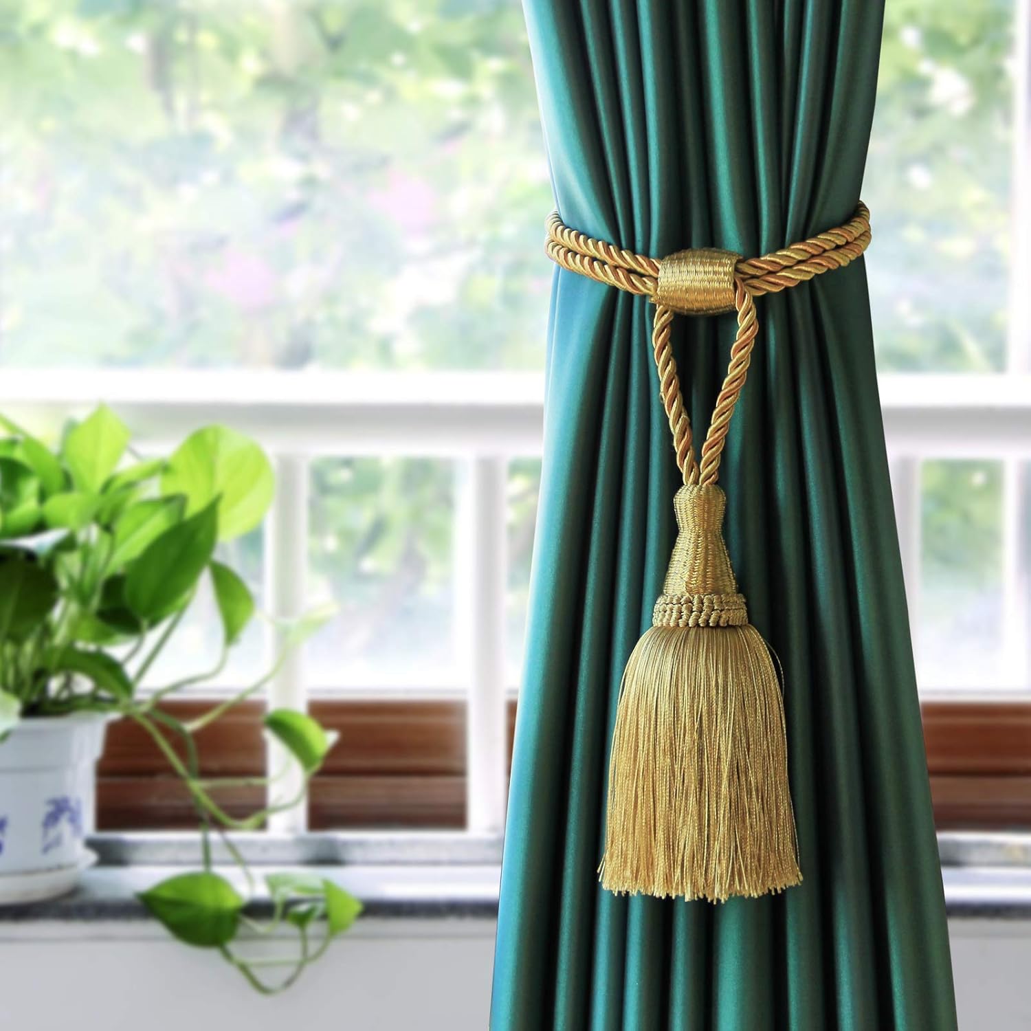 Fenghuangwu Gold Curtain Tiebacks with Tassel 2 Pack