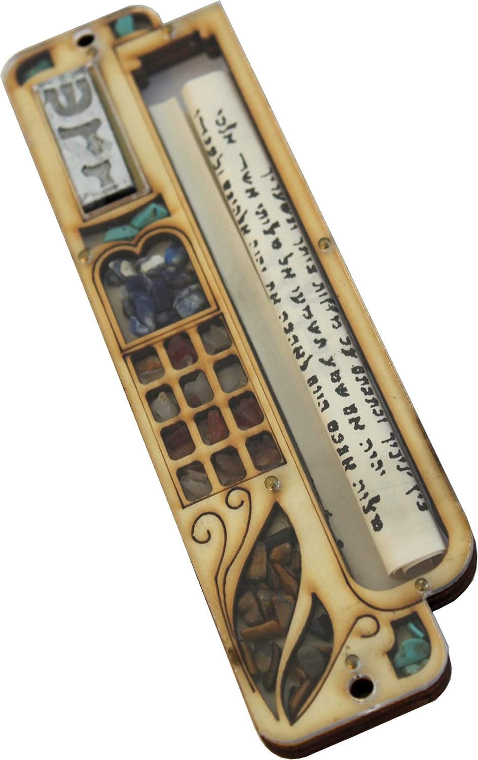 Holy Land Market Torah Book Mezuzah with Gemstones and Hoshen Stones