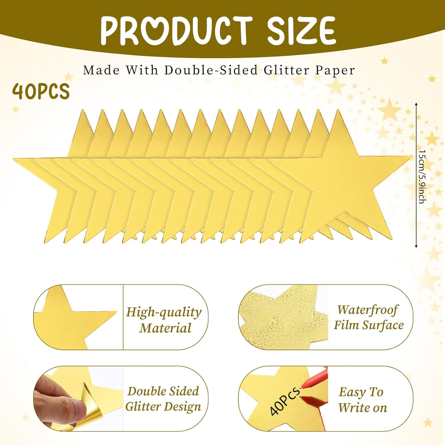 40 Pcs Gold Star Cutouts 6 Inch Double Printed Party Decor