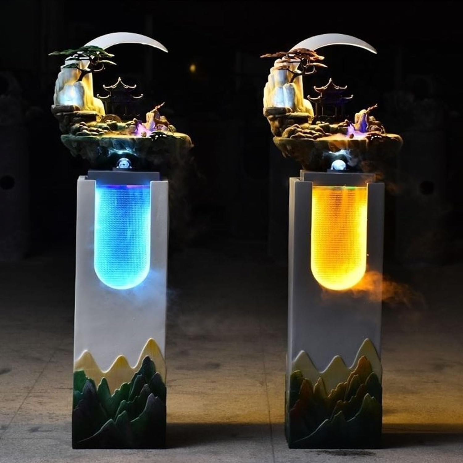 HASMI Yellow Fountain Floor Standing Fountain with LED Lights and Artificial Rockery