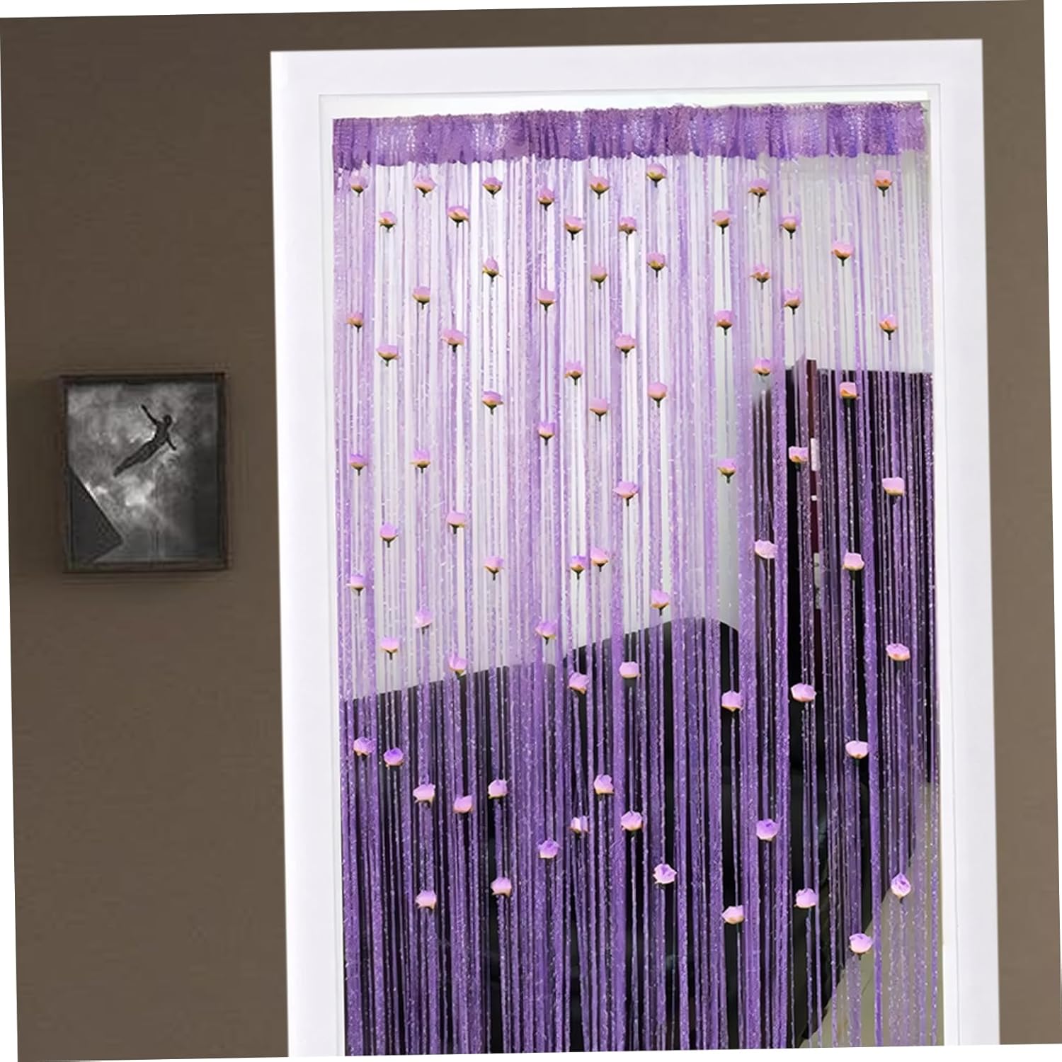 Beaded Door Curtain with Rose Rod Pocket Thread Fringe Decor