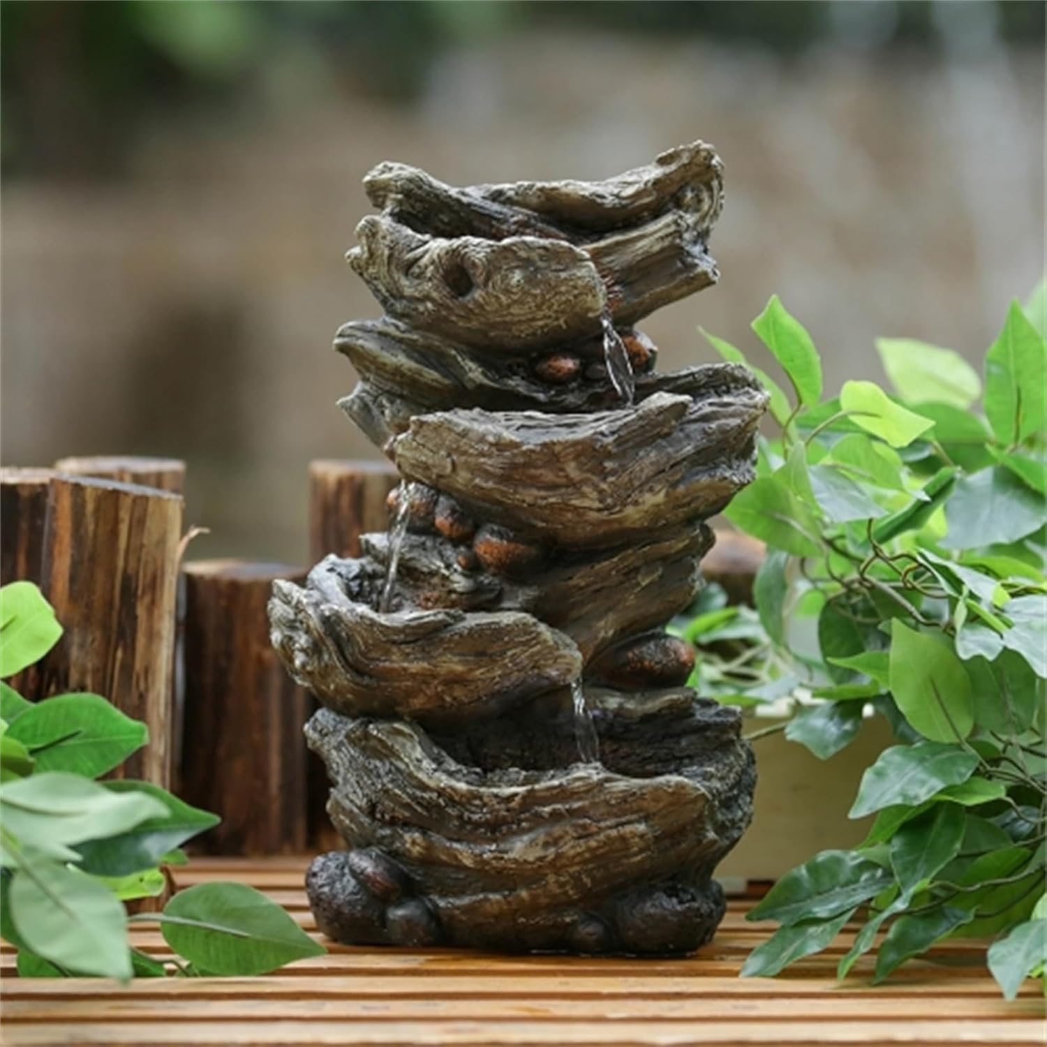 9x5x14 Indoor Brown Wood-Look Water Fountain with LED Light