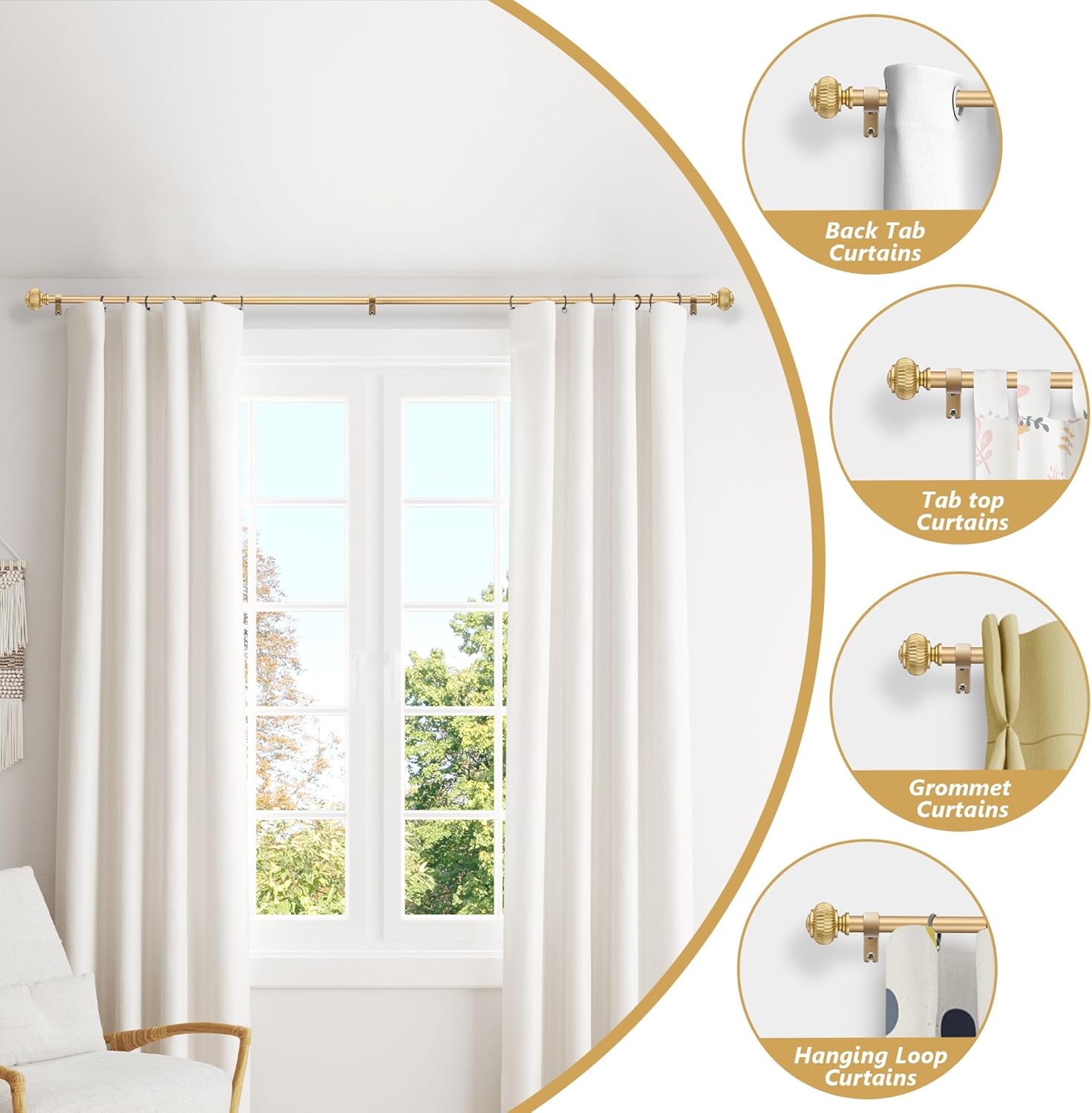 Gold Curtain Rods for Windows 48-84 Inches Adjustable Heavy Duty with Lantern Ball Finials