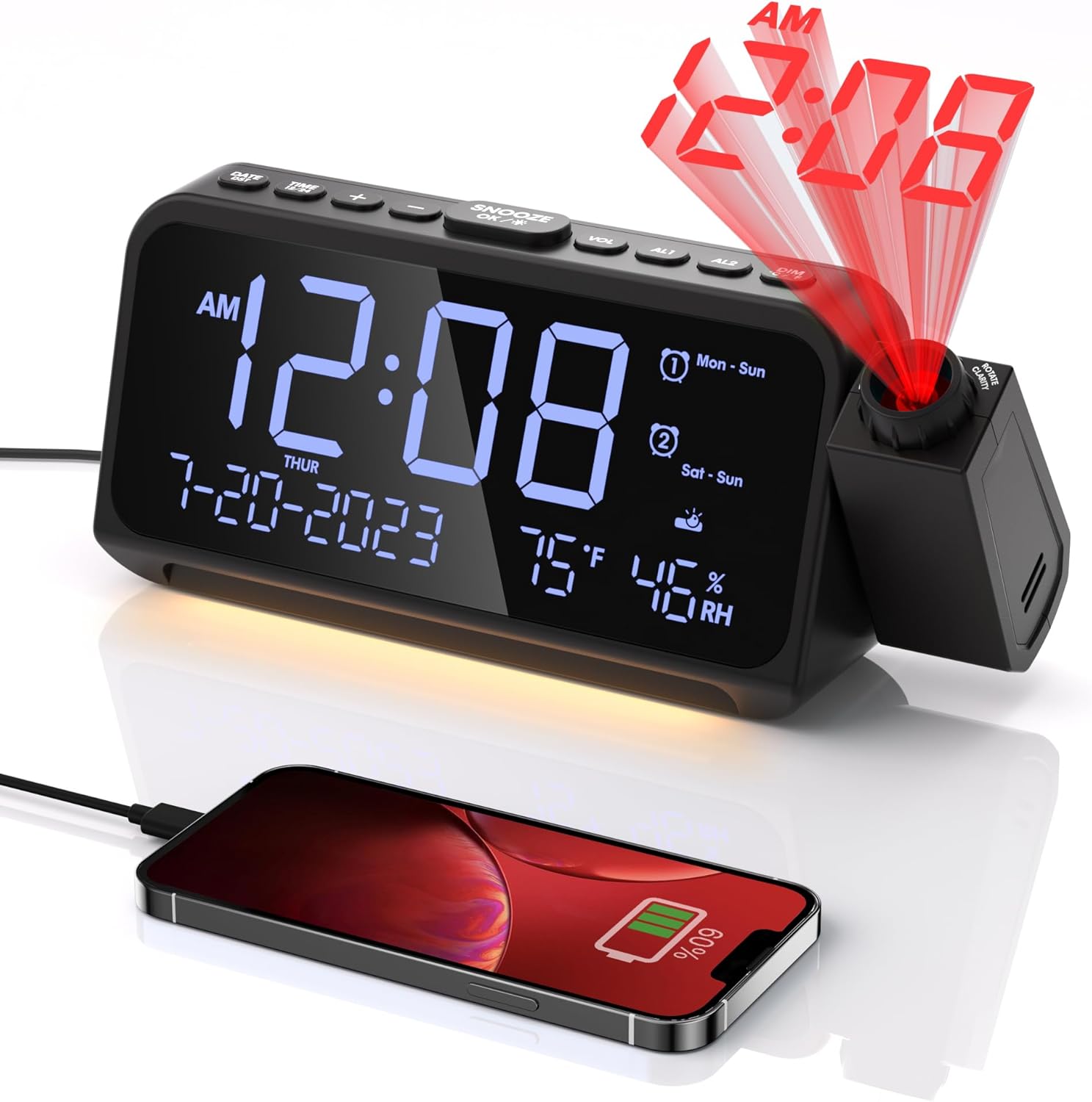 Projection Alarm Clock with Rotatable Projector and Smart Features for Bedroom