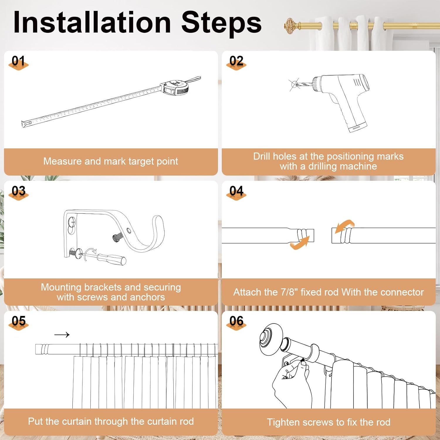 2 Pack Gold Curtain Rods for Windows 48-84 Inch