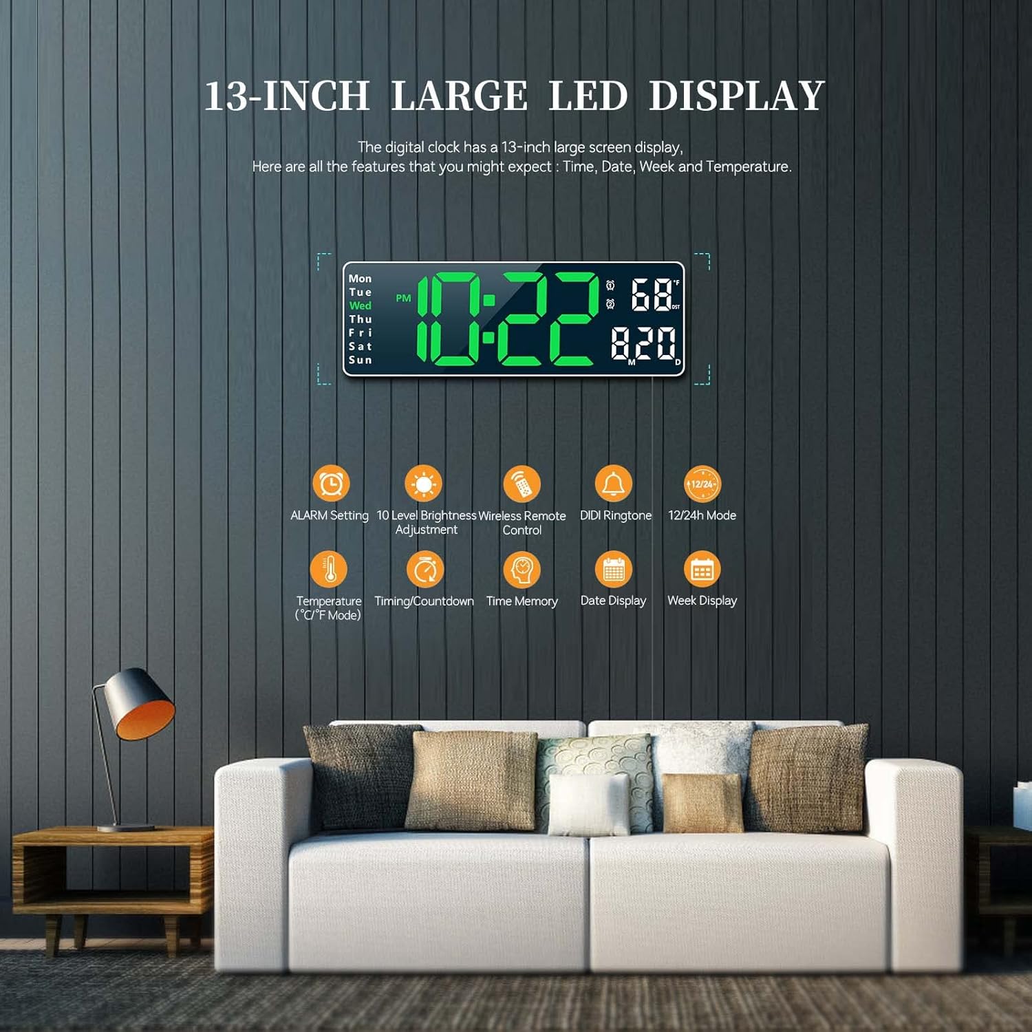 13-inch LED Digital Wall Clock with Remote Control