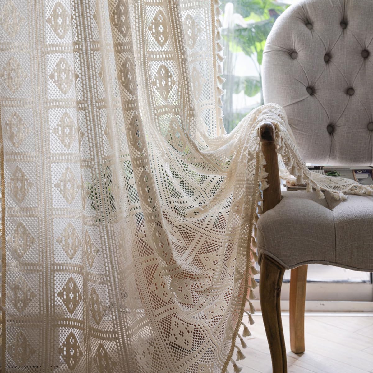 Bringsine Boho Cotton Curtains with Macrame Tassels 59x63 Inches Beige Panel