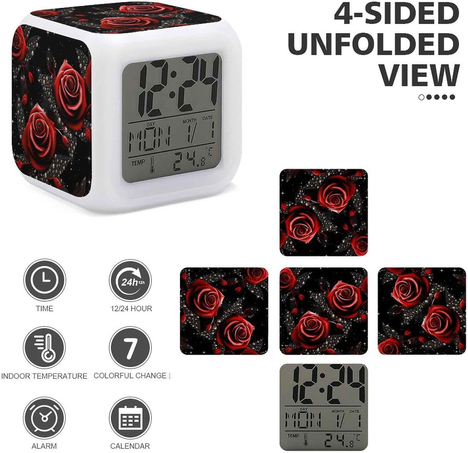 Red Roses and Stars Digital Alarm Clock with Night Light