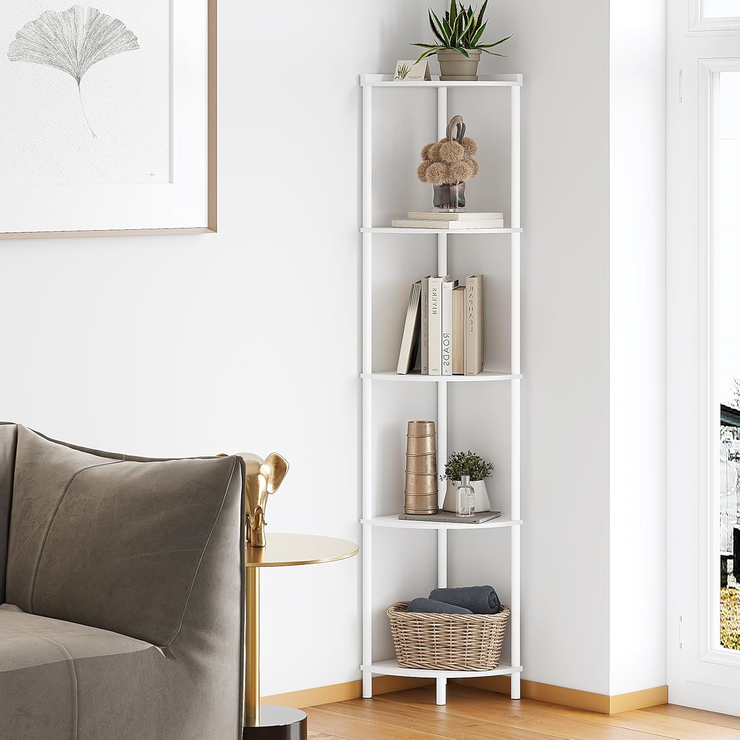 SUNMORY 5 Tier Corner Shelf Stand for Living Room Decor Wall Corner Bookshelf Storage White
