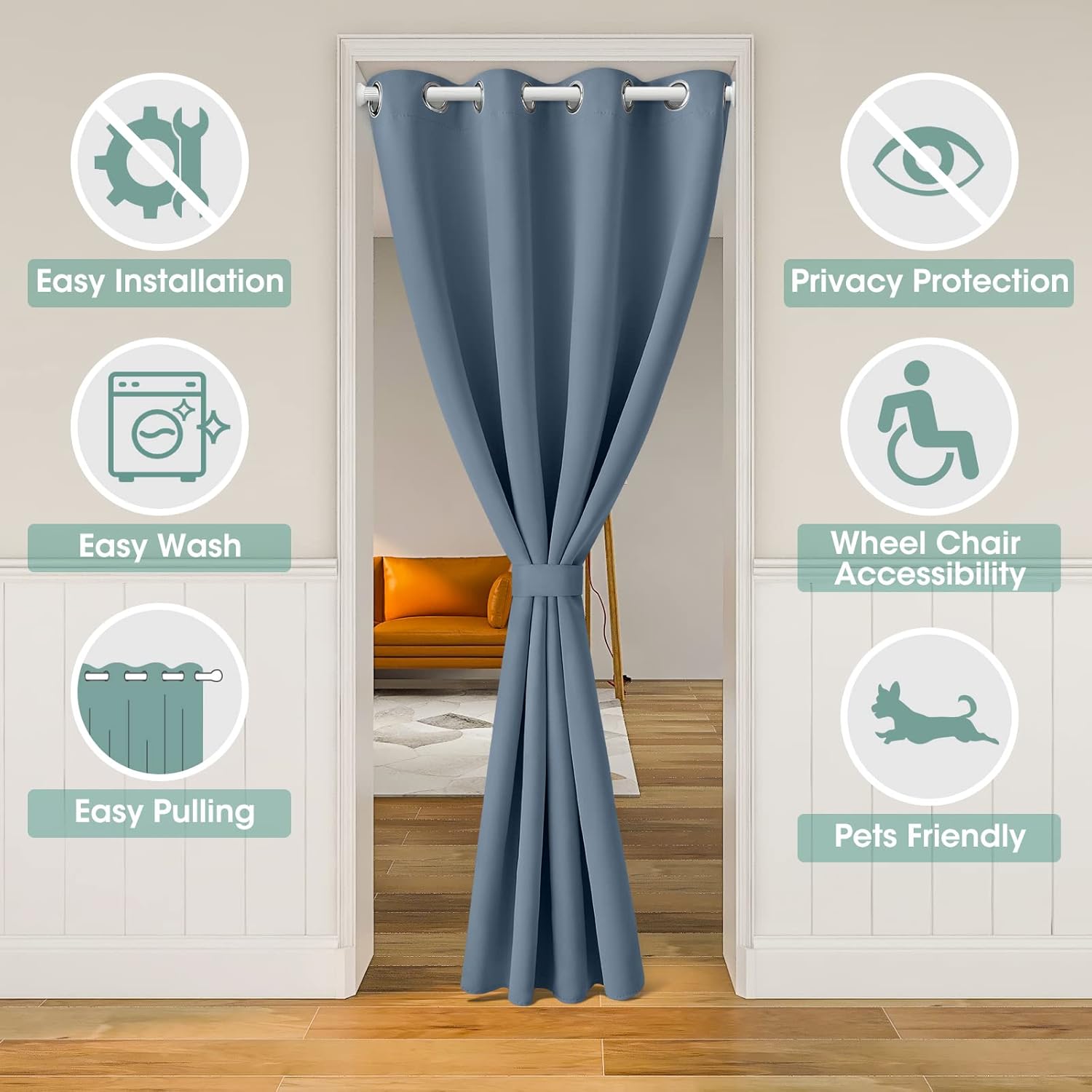 HOMEIDEAS Stone Blue Doorway Curtains with Tie Back