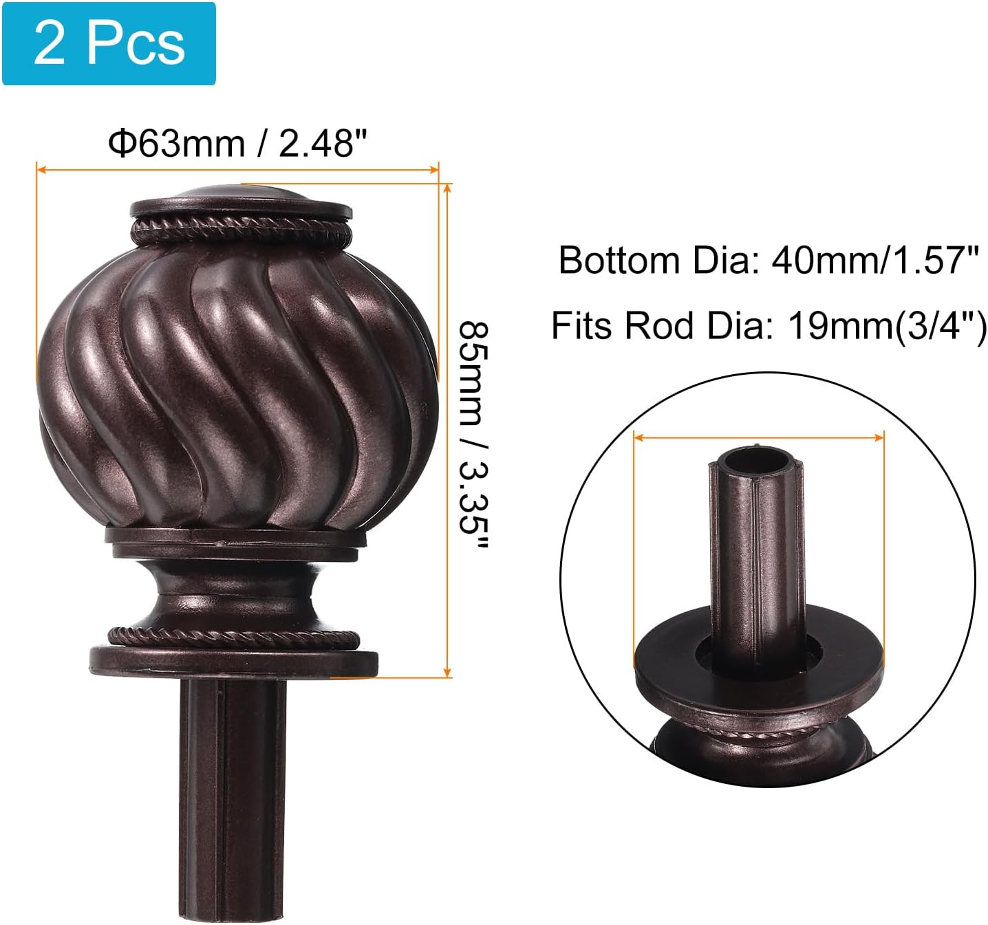 Uxcell Curtain Rod Finials 2Pcs Brown 19mm