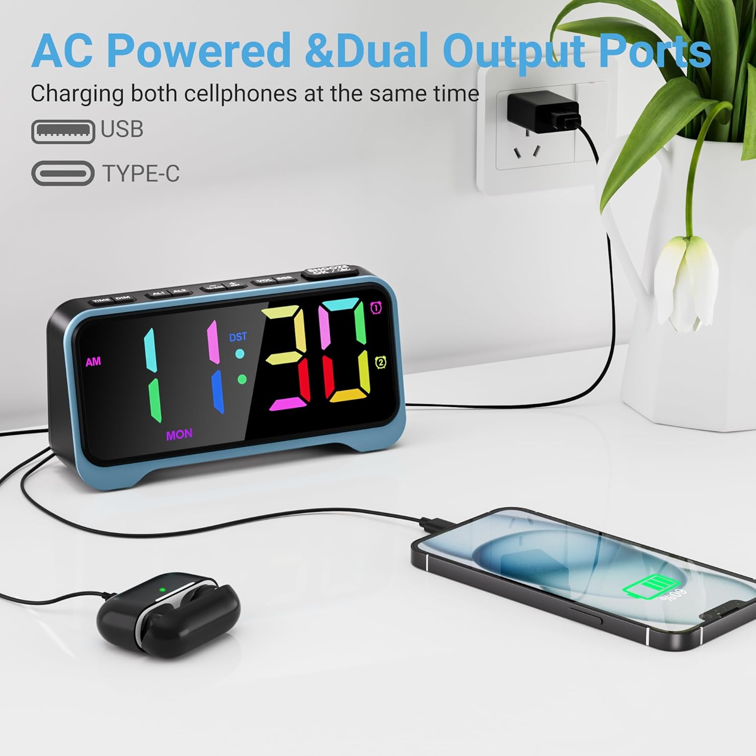 RGB Alarm Clock for Kids Teens Dual Alarm with Night Light and USB Charger