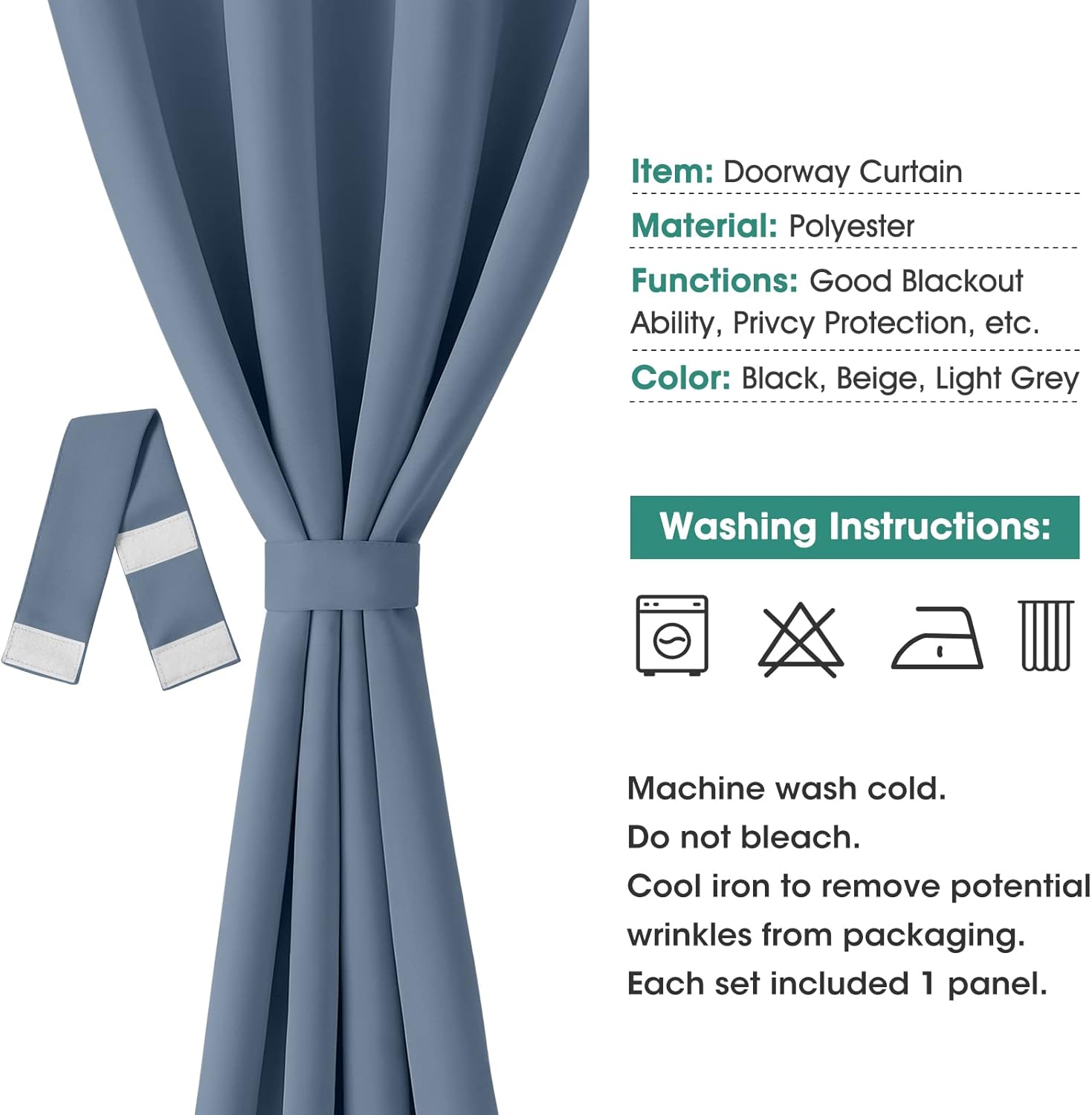 HOMEIDEAS Stone Blue Doorway Curtains with Tie Back