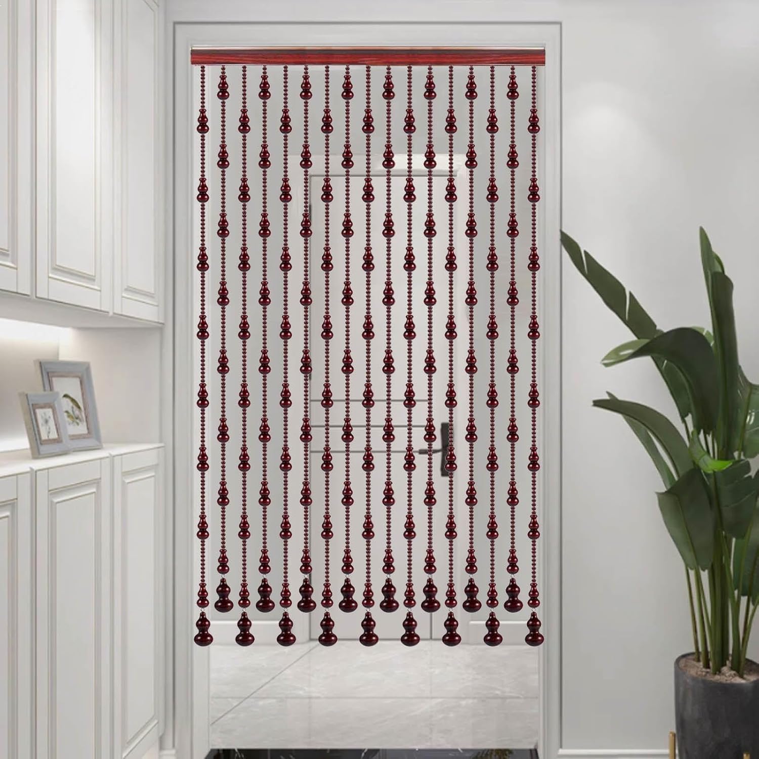 Wood Beaded Door Curtain with Gourd Shape Retro Style 44 Strands 145x155cm