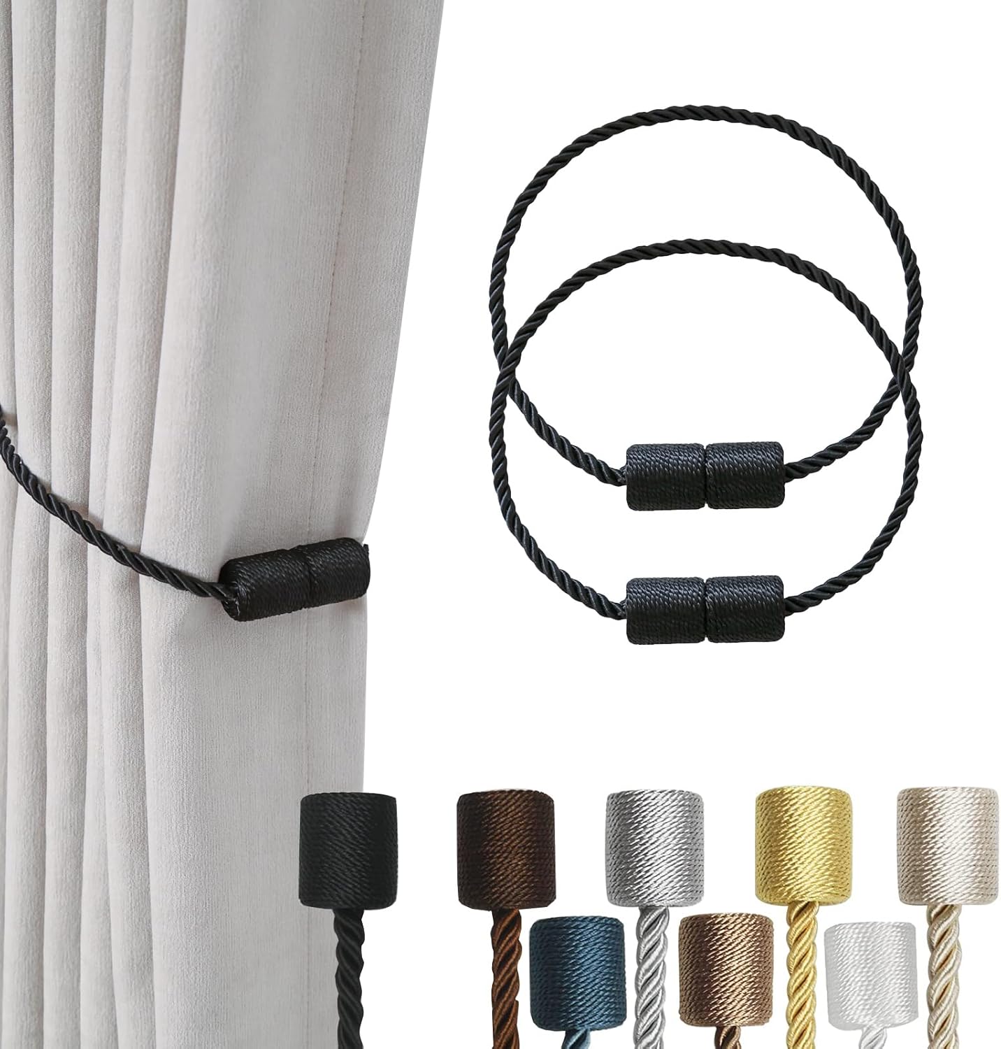 2 Pack Black Magnetic Curtain Holdbacks - Strong Tangle-Free