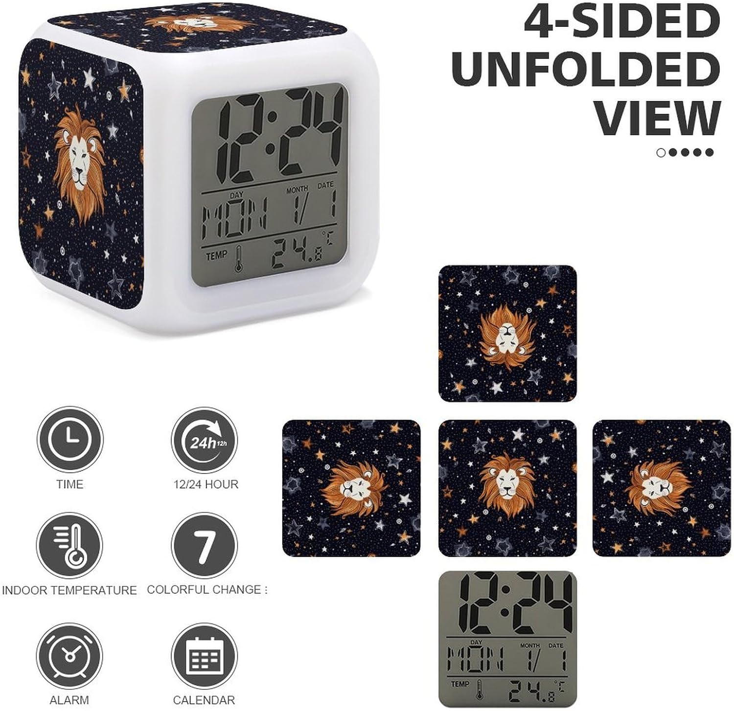Lion and Stars Alarm Clock with Night Light and Date Display