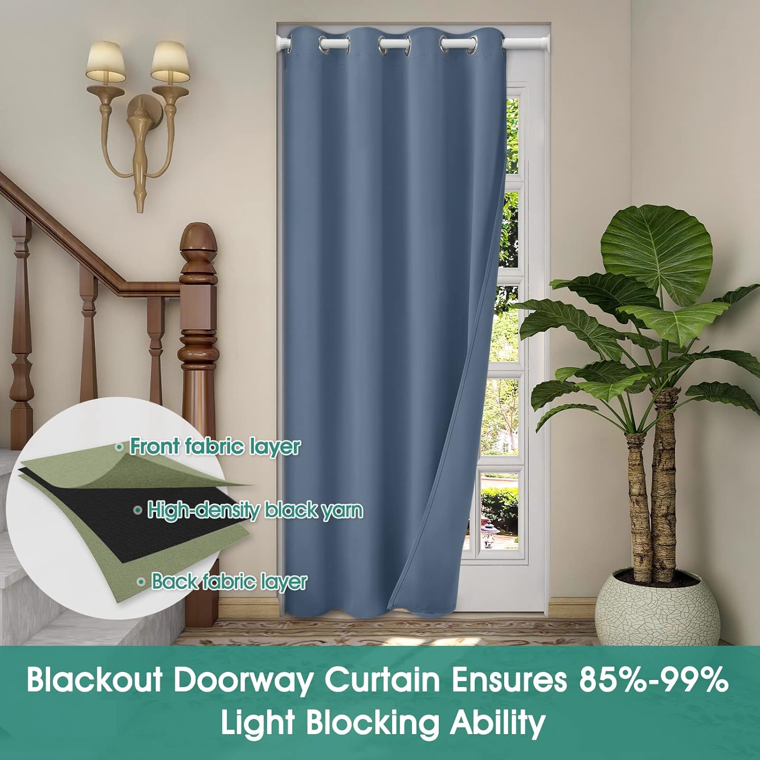 HOMEIDEAS Stone Blue Doorway Curtains with Tie Back